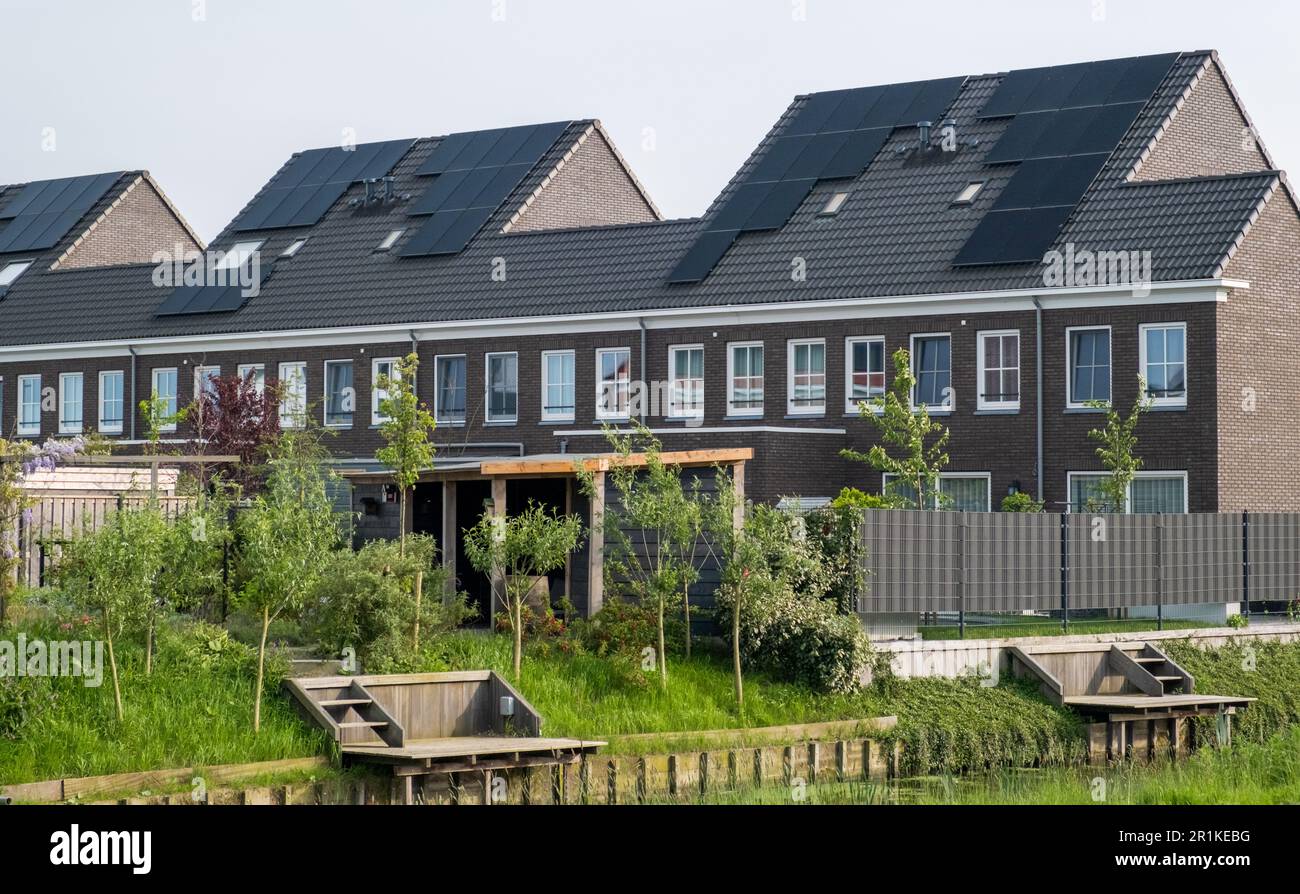 Maisons résidentielles suburbaines modernes avec panneaux solaires aux pays-Bas. Banque D'Images