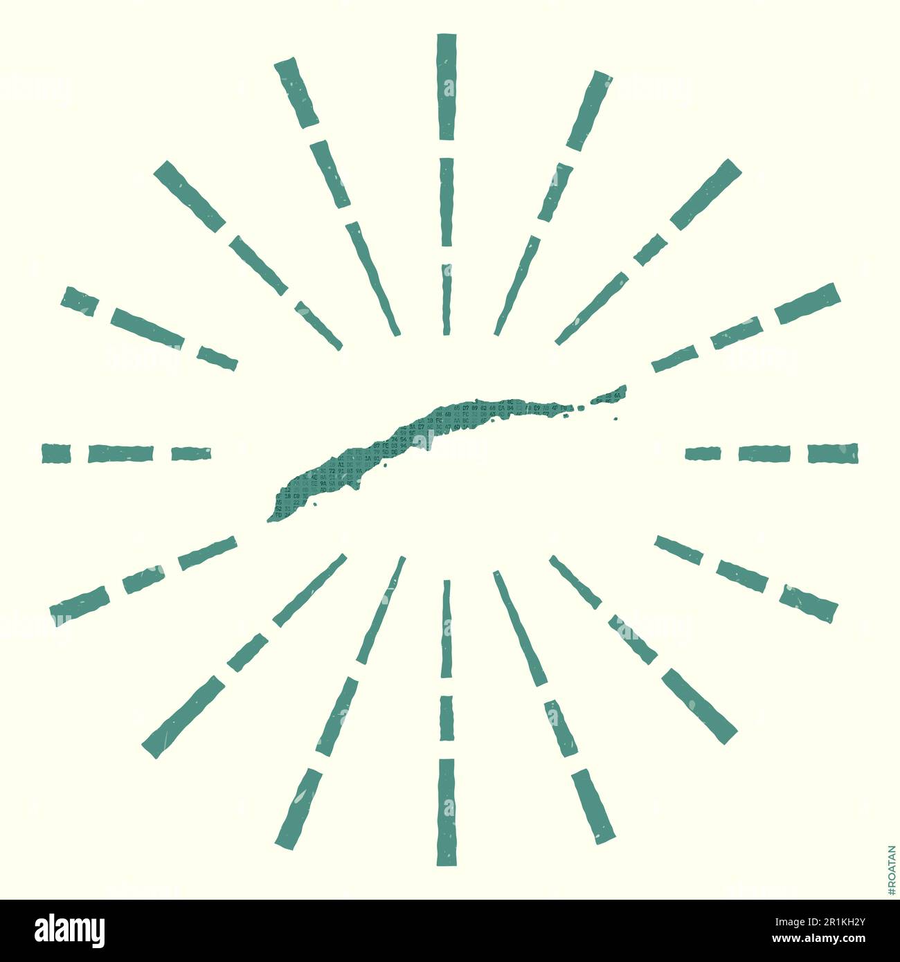 Logo Roatan. Affiche grunge Sunburst avec carte de l'île. Forme de Roatan rempli de chiffres hexagonaux avec rayons solaires autour. Un vecteur étonnant Illustration de Vecteur