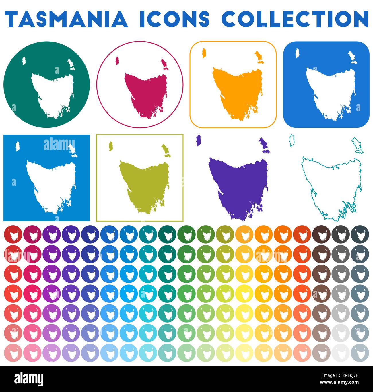 Collection d'icônes Tasmania. Icônes de carte branchées colorées et lumineuses. Badge moderne de Tasmanie avec carte de l'île. Illustration vectorielle. Illustration de Vecteur