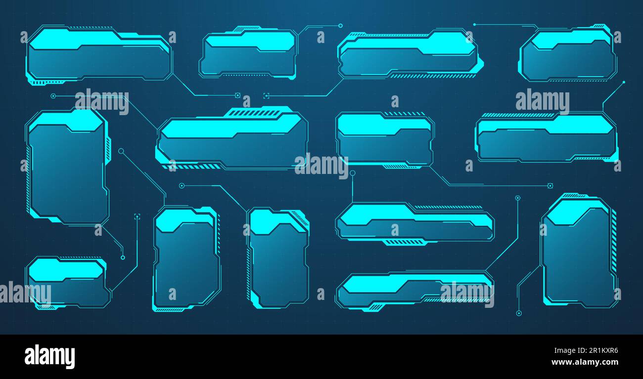 Éléments HUD ou UI futuristes bleus. Zones de texte et légendes de l'interface utilisateur SCI-fi. Cadres de message d'avertissement, modèle de zones d'information. Jeu moderne Illustration de Vecteur
