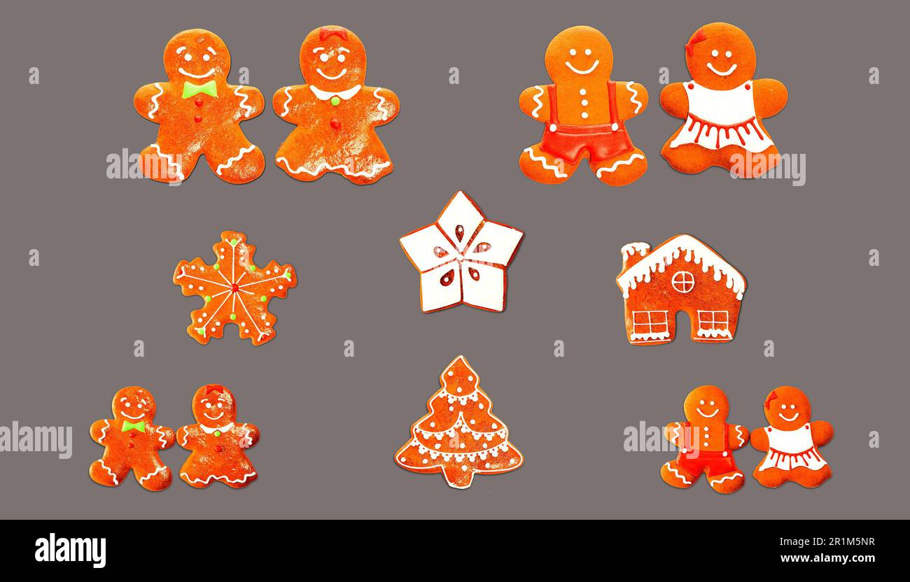 Divers petits gâteaux au gingembre pour noël, adaptés au concept du nouvel an. Banque D'Images