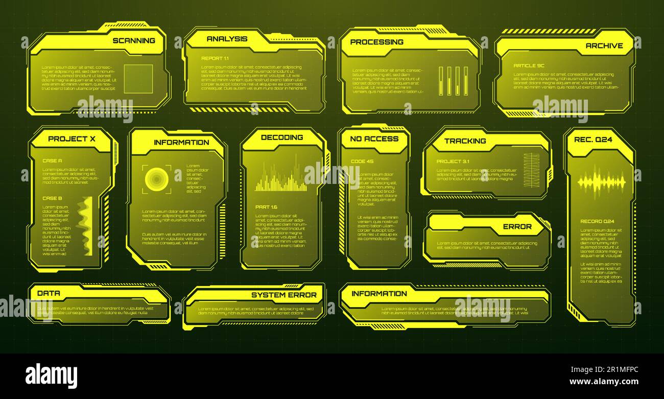HUD futuriste jaune, éléments d'interface utilisateur. Zones de texte et légendes de l'interface utilisateur SCI-fi. Cadres de message d'avertissement, modèle de zones d'information. Jeu moderne Illustration de Vecteur