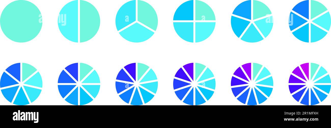 Collection de segments de cercle. Diagrammes à secteurs en bleu violet. Paquet de sections et de tranches rondes. De 1 à 12 segments de graphiques. Différentes phases et étapes du cycle. Ensemble vectoriel Illustration de Vecteur