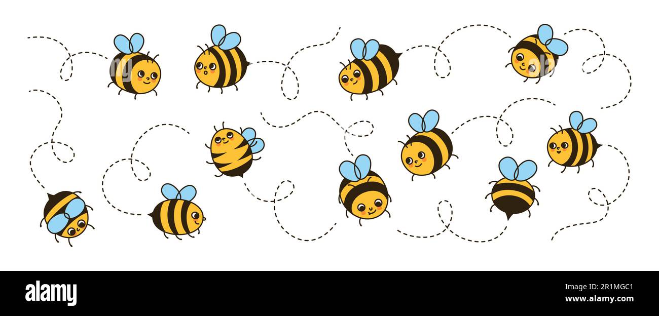 Des personnages de miel d'abeille volent sur un ensemble de dessins animés en pointillés. BD enfants abeille insectes personnages mascotte avec visages drôles design rétro. Mignon vintage comic smiley rayures abeilles Doodle illustration vectorielle Illustration de Vecteur
