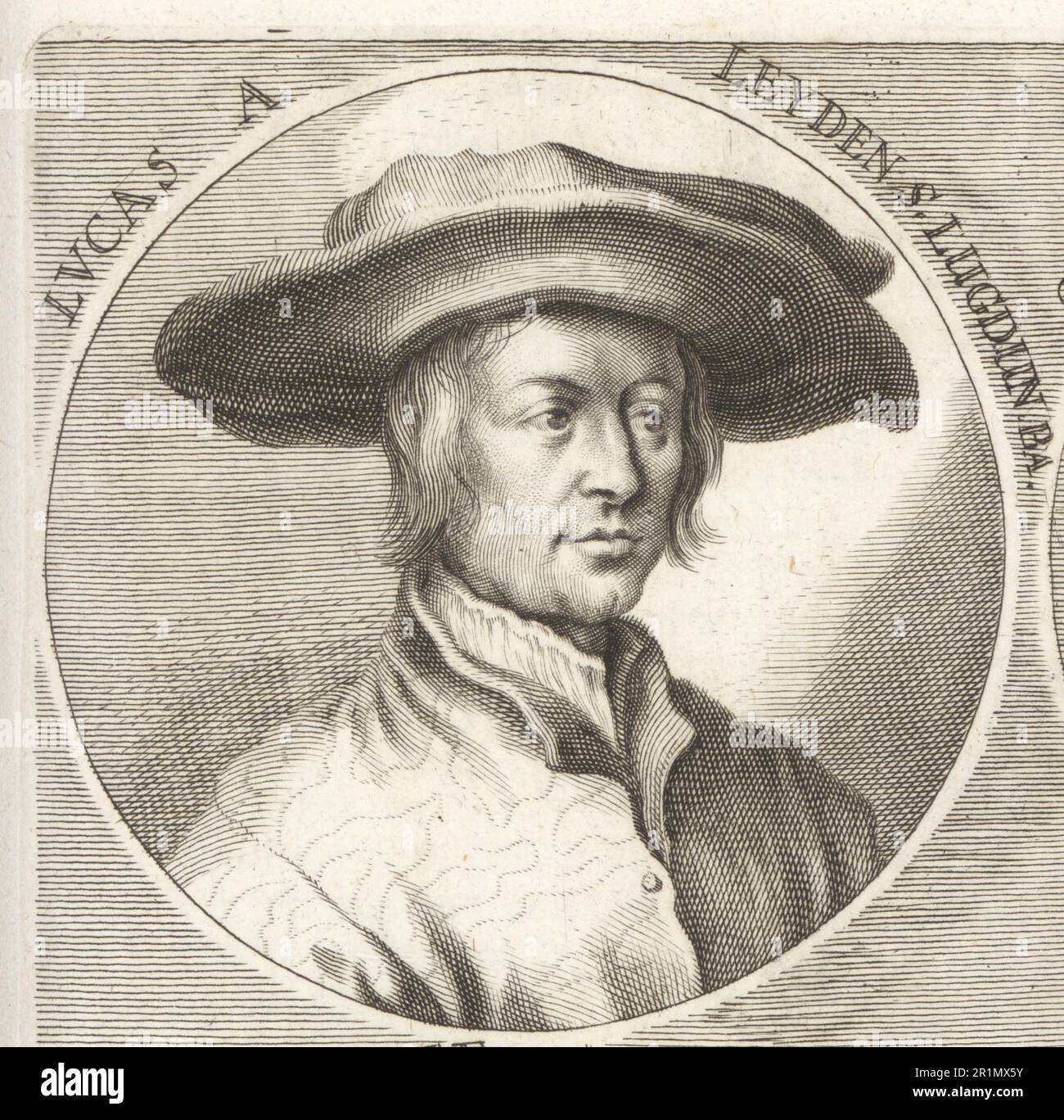 Lucas van Leyden, également appelé Lucas Hugensz ou Lucas Jacobsz, peintre et graveur hollandais de gravure et de bois, 1494-1533. Lucas A Leyden S. Lugdun BA. Après un autoportrait. Gravure sur plaque de copperplate par Philipp Kilian d'après une illustration de Joachim von Sandrart de son Academia Todesca, della Architectura, Scucultura & Pittura, oder Teutsche Academie, der Edlen Bau- Bild- und Mahlerey-Kunste, Académie allemande d'architecture, Sculpture and Painting, Jacob von Sandrart, Nuremberg, 1675. Banque D'Images