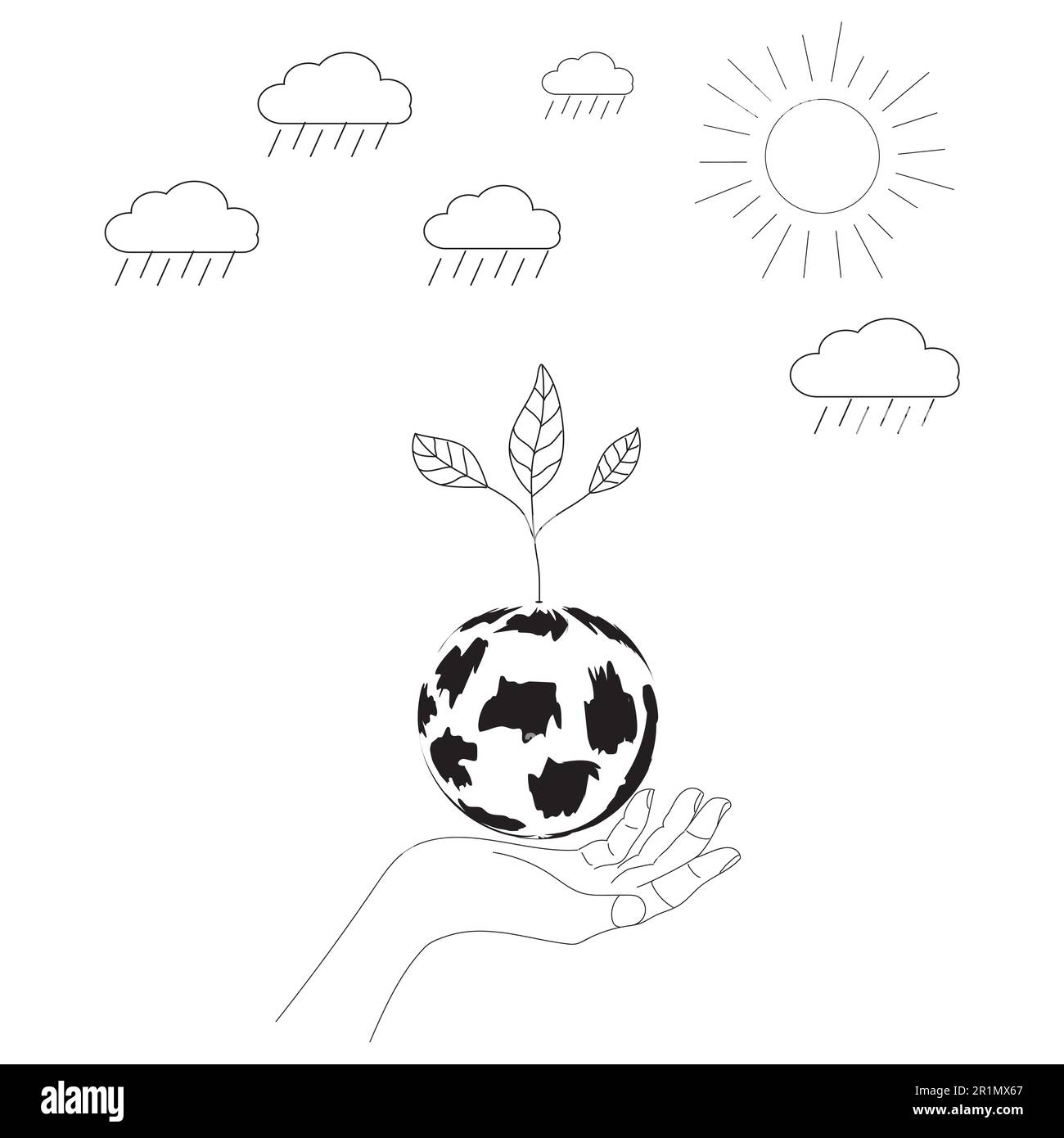 mains humaines tenant le globe terrestre avec arbre, soleil, nuage de pluie, ligne ou coolé, dessin à la main noir et blanc, l'écologie de la planète terre de l'environnement mondial Banque D'Images