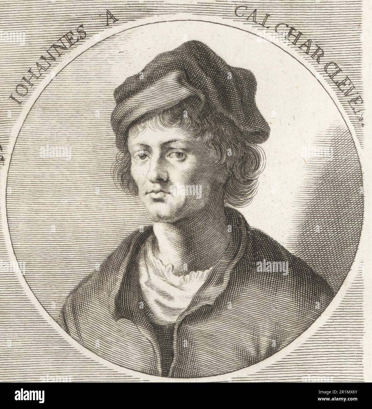 Jan Steven van Calcar, peintre et coupe de bois d'origine allemande du duché de Cleves, a travaillé à Venise et à Naples, en Italie, vers 1499-1546. Accrédité avec les coupes de bois d'art anatomique dans Vesalius Fabrica. Aussi connu sous le nom de Giovanni da Calcar ou Ioannes Stephanus Calcarensis. Johannes A Calchar Cleven. Gravure sur plaque de copperplate par Philipp Kilian d'après une illustration de Joachim von Sandrart de son Academia Todesca, della Architectura, Scucultura & Pittura, oder Teutsche Academie, der Edlen Bau- Bild- und Mahlerey-Kunste, Académie allemande d'architecture, Sculpture and Painting, Jacob von Sandrart, Nuremberg Banque D'Images