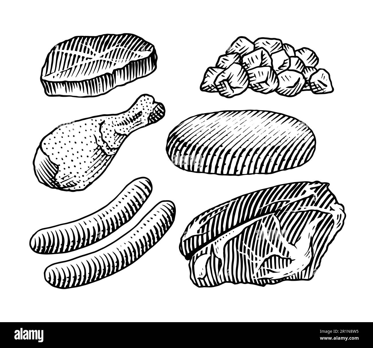 Produits à base de viande rouge. Bœuf de veau, côtes, bacon, jamon, mortadelle, Bœuf à l'agneau Steak, saucisse de porc, cuisses de poulet, sirloin, boucherie au brisket tirée à la main Illustration de Vecteur