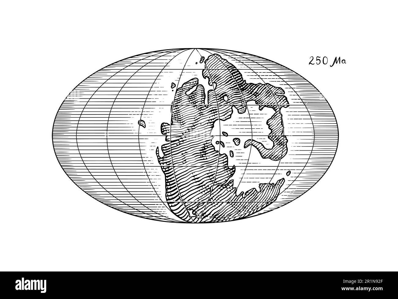 Plaque tectonique sur la planète Terre. Pangée. Dérive continentale. Supercontinent à 250 Ma. Époque des dinosaures. Période jurassique. Mésozoïque. Dessiné à la main Illustration de Vecteur