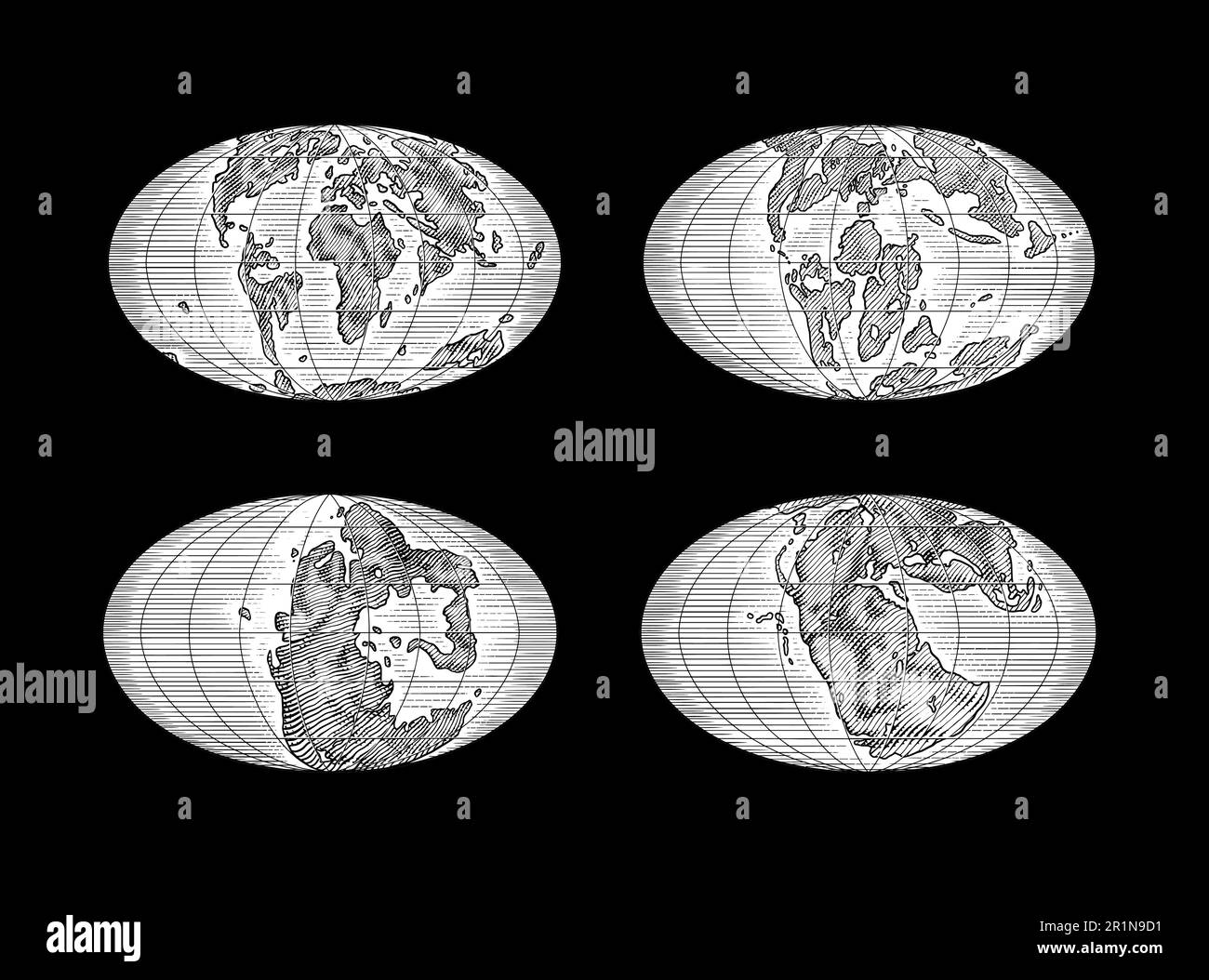 Plaque tectonique sur la planète Terre. Pangée. Dérive continentale. Supercontinent à 250 Ma. Époque des dinosaures. Période jurassique. Mésozoïque. Dessiné à la main Illustration de Vecteur