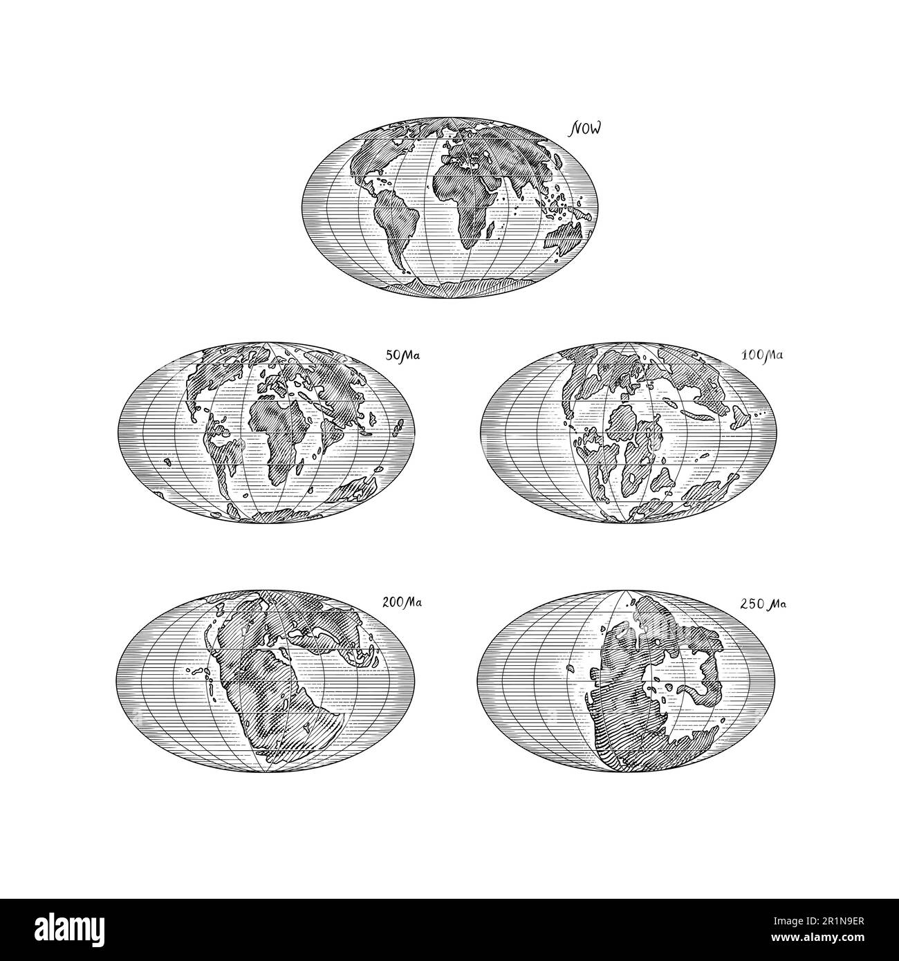 Plaque tectonique sur la planète Terre. Pangée. Dérive continentale. Supercontinent à 250 Ma. Époque des dinosaures. Période jurassique. Mésozoïque. Dessiné à la main Illustration de Vecteur