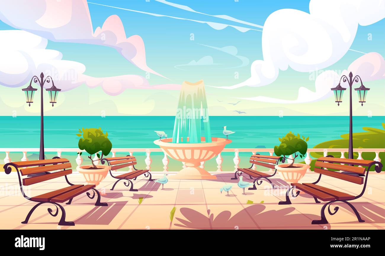 Bord de mer d'été avec fontaine, bancs et clôture d'époque. Dessin animé vectoriel paysage de mer avec quai, promenade de l'océan vide avec arbres décoratifs, lampes de rue et goélands Illustration de Vecteur