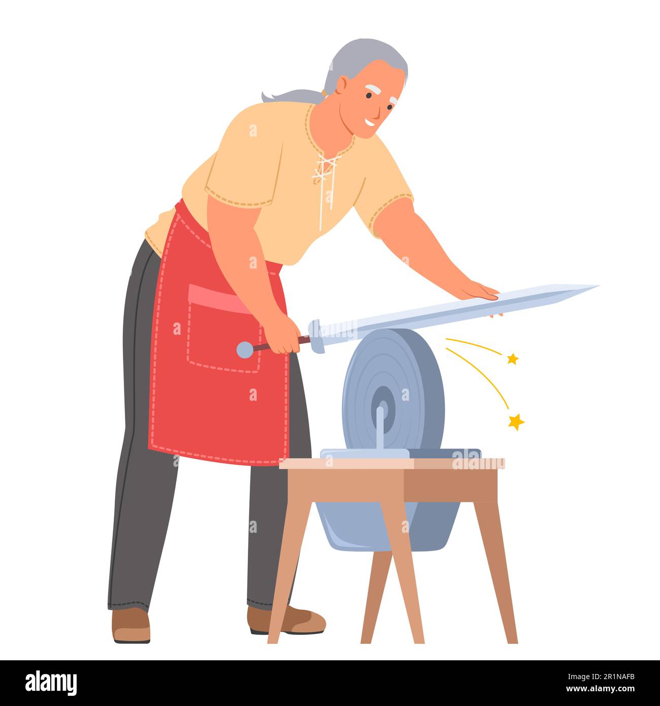 Épée d'aiguisage de forgeron sur la pierre à affûter à l'atelier Illustration de Vecteur