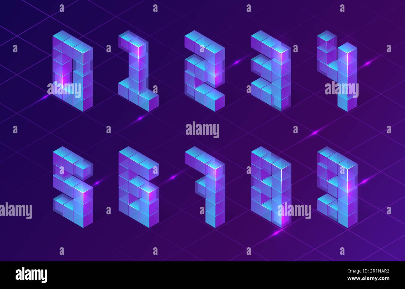 Nombres isométriques composés de 3D cubes sur fond violet lumineux au néon avec grille d'ondes synth rétro et sparkles, effet hologramme hud, éléments vecteurs cyber-pank futurisitiques, signes, symboles de l'onde de retour Illustration de Vecteur