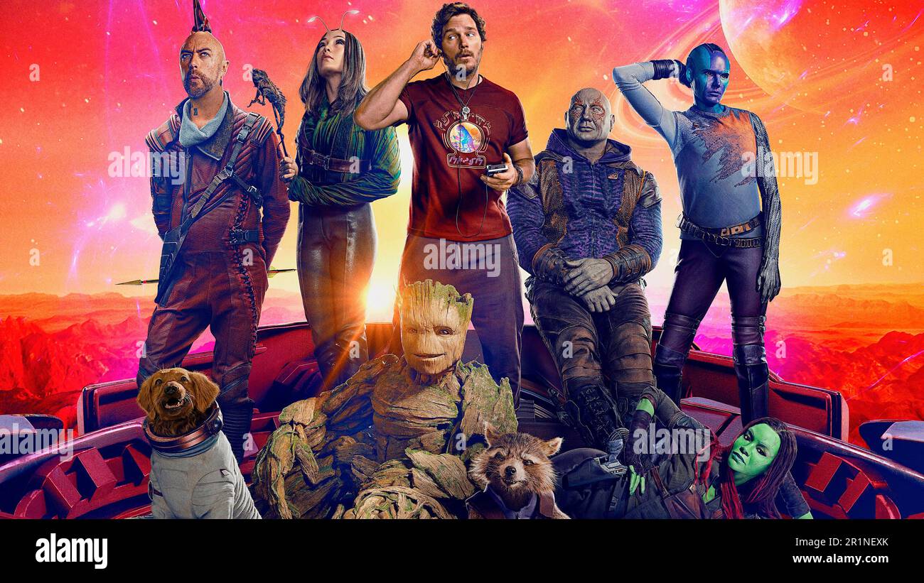 CHRIS PRATT, ZOE SALDANA, SEAN GUNN, KAREN GILLAN, DAVE BAUTISTA ET POM KLEMENTIEFF EN GARDIENS DE GALAXY VOL. 3 (2023), réalisé par JAMES GUNN. Crédit : Marvel Studios / Marvel Entertainment / Album Banque D'Images