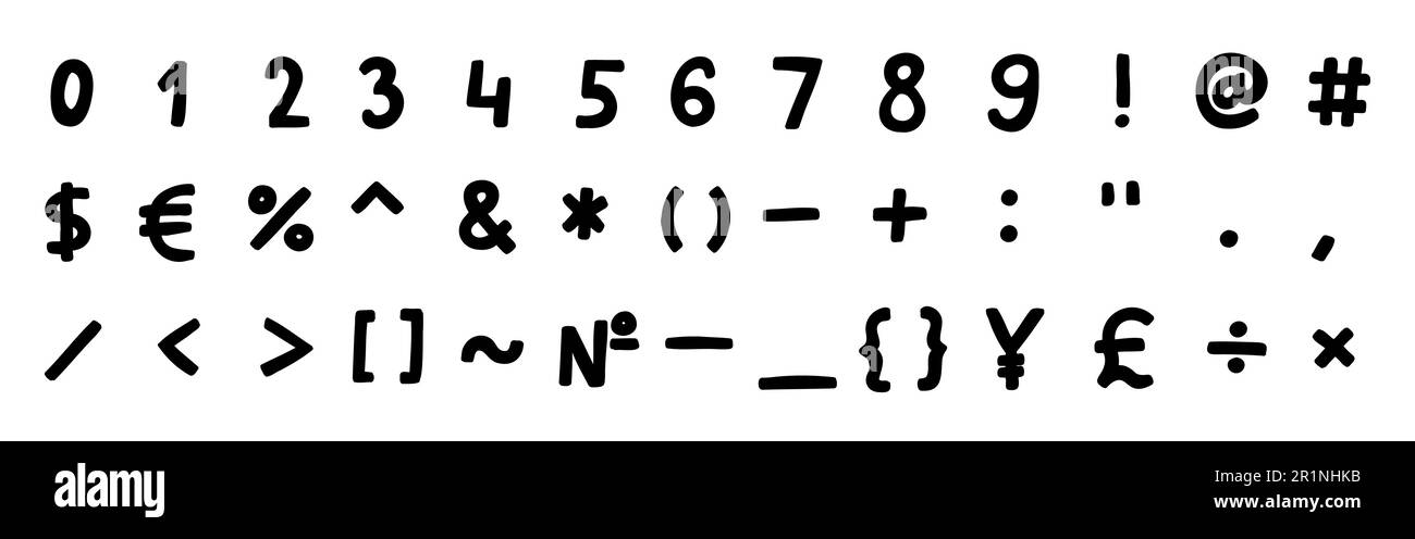 Police de caractères simple noir spéciale mathématique et autres symboles et signes 0 à 9. Illustration vectorielle en dessin animé à la main style Doodle isolé sur la bande blanche Illustration de Vecteur