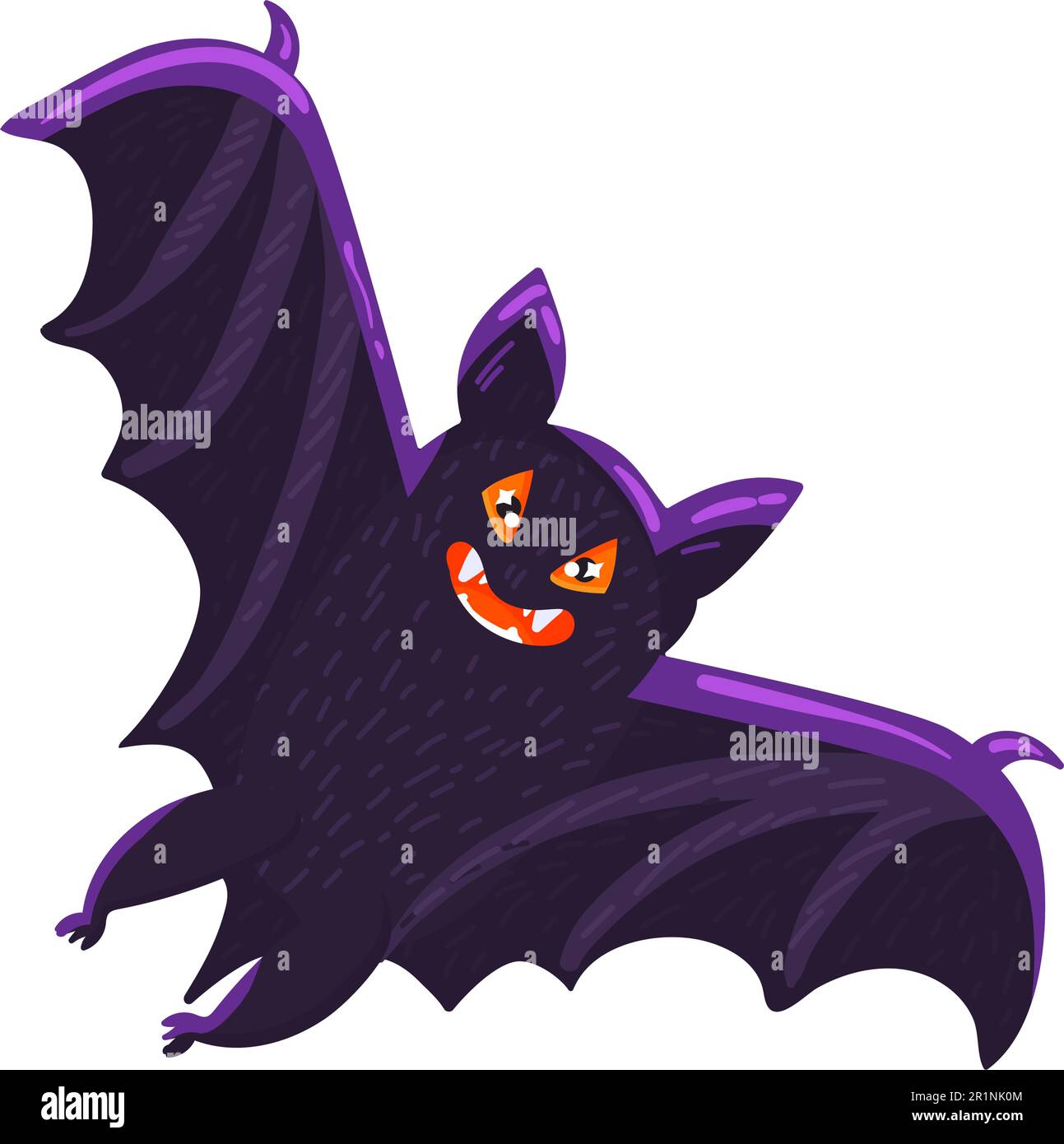 Icône symbole de fête effrayante de dessin animé de chauve-souris d'Halloween isolée sur fond blanc. Vampire de chauve-souris effrayant volant avec de larges ailes ouvertes. Illustration vectorielle Illustration de Vecteur
