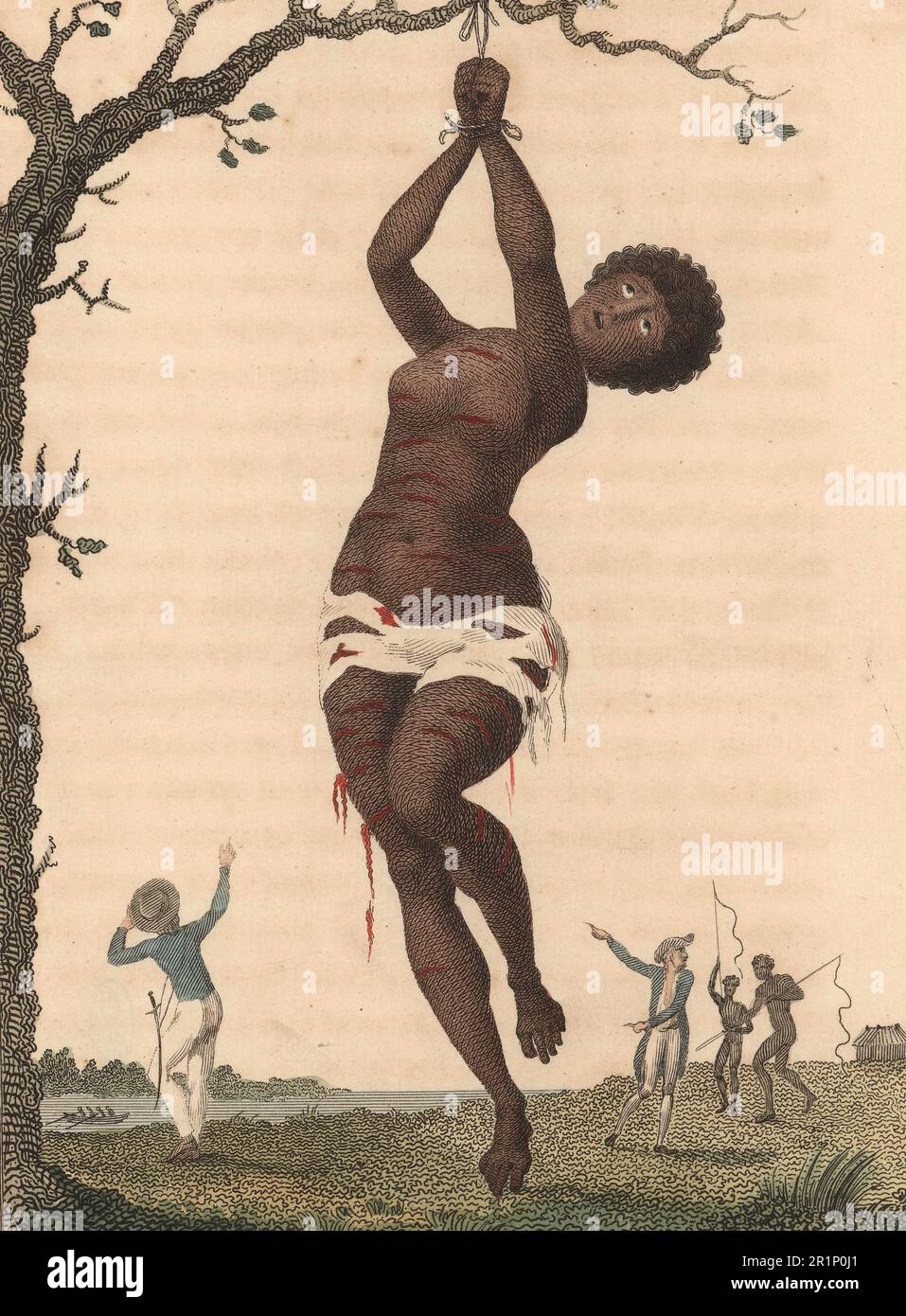 Flagellation d'un esclave de Samboe (personne avec un quart d'ascendance blanche). En arrière-plan sont deux Européens et deux hommes noirs esclaves avec des fouets, 1796, historique, numériquement restauré reproduction d'un original de 19th siècle. / Geißelung einer Samboe-Sklavin (personne mit einem Viertel weißer Abstammung). Im hintergrund sind zwei Europäer und zwei schwarze Sklaven-Männer mit Peitschen zu sehen, 1796, Historisch, digital restauerte Reproduktion von einer Vorlage aus dem 19. Jahrhundert Banque D'Images