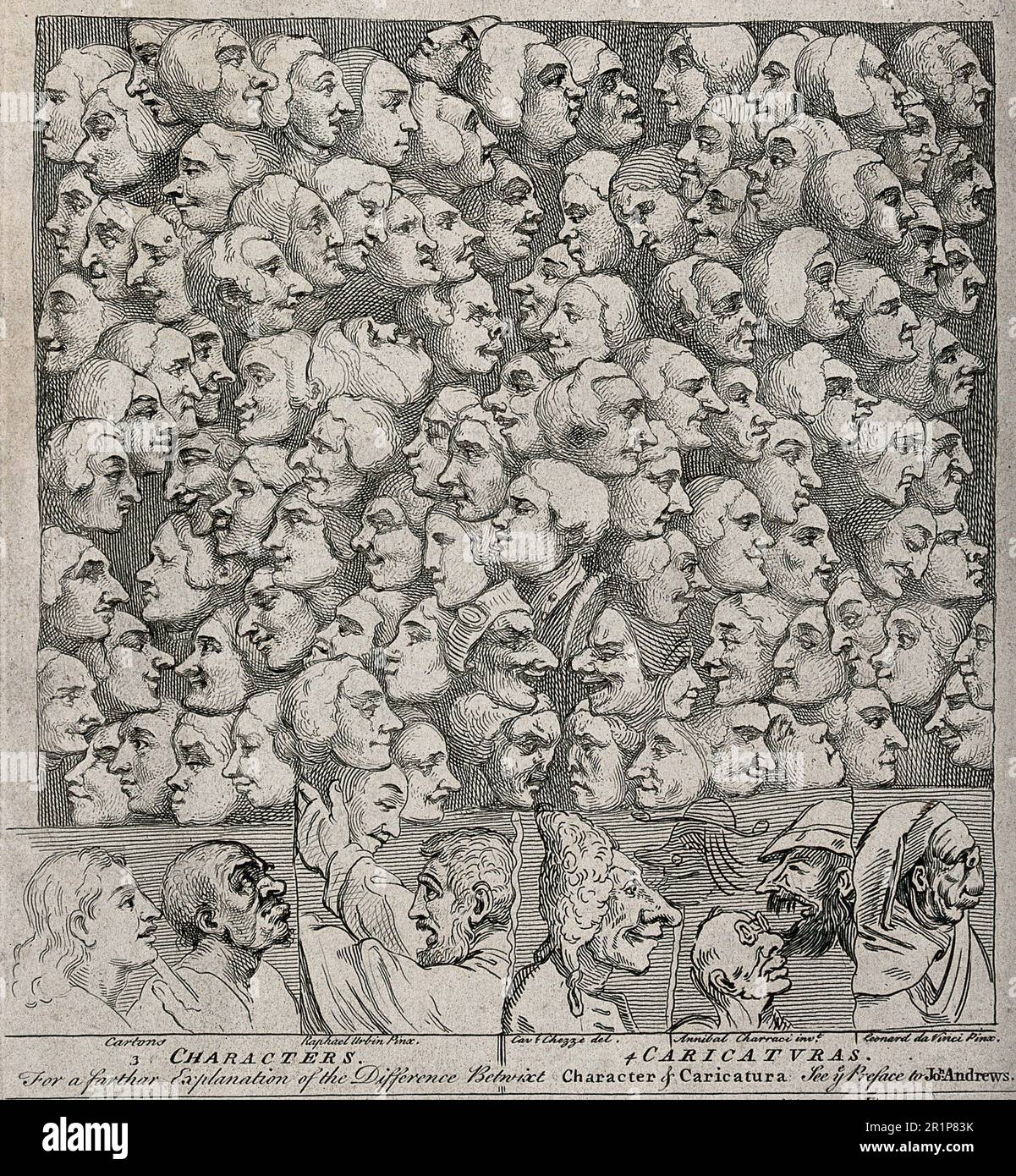 'Personnages et caricatures; les têtes idéalisées de St Jean et St Paul sont contrastationnées avec des têtes grotesques, au-dessus d'eux s'élève un nuage de visages avec des expressions différentes, 1743, historique, restauré numériquement reproduction d'un original de 19th siècle. / Charaktere und Karikaturen; die idealizierten Köpfe des Heiligen Johannes und des Heiligen Paulus werden mit grotesken Köpfen kontrastiert, über ihnen erhebt sich eine Wolke von Gesichtern mit unterschiedlichen Ausdrücken, 1743, Vorderung von Reiterhof, 19. Jahrhundert Banque D'Images