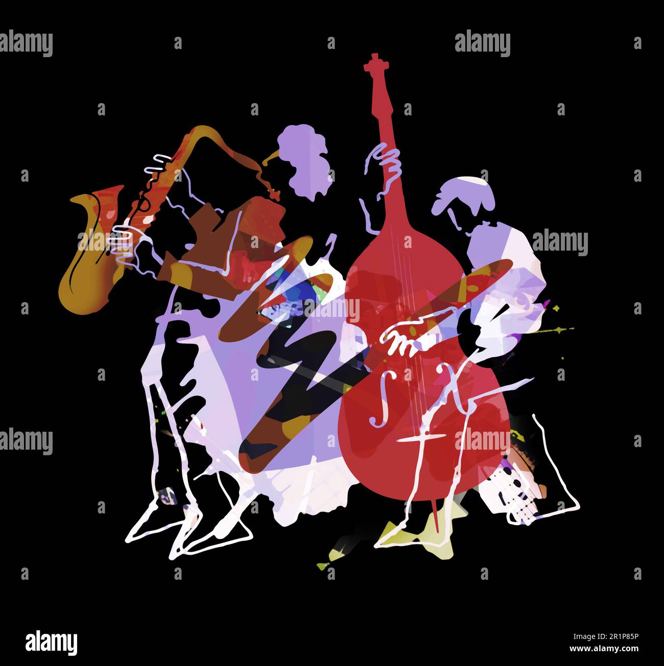 Thème jazz, musicien de lutte et saxophoniste. Expressif Illustration de deux musiciens de jazz. Banque D'Images