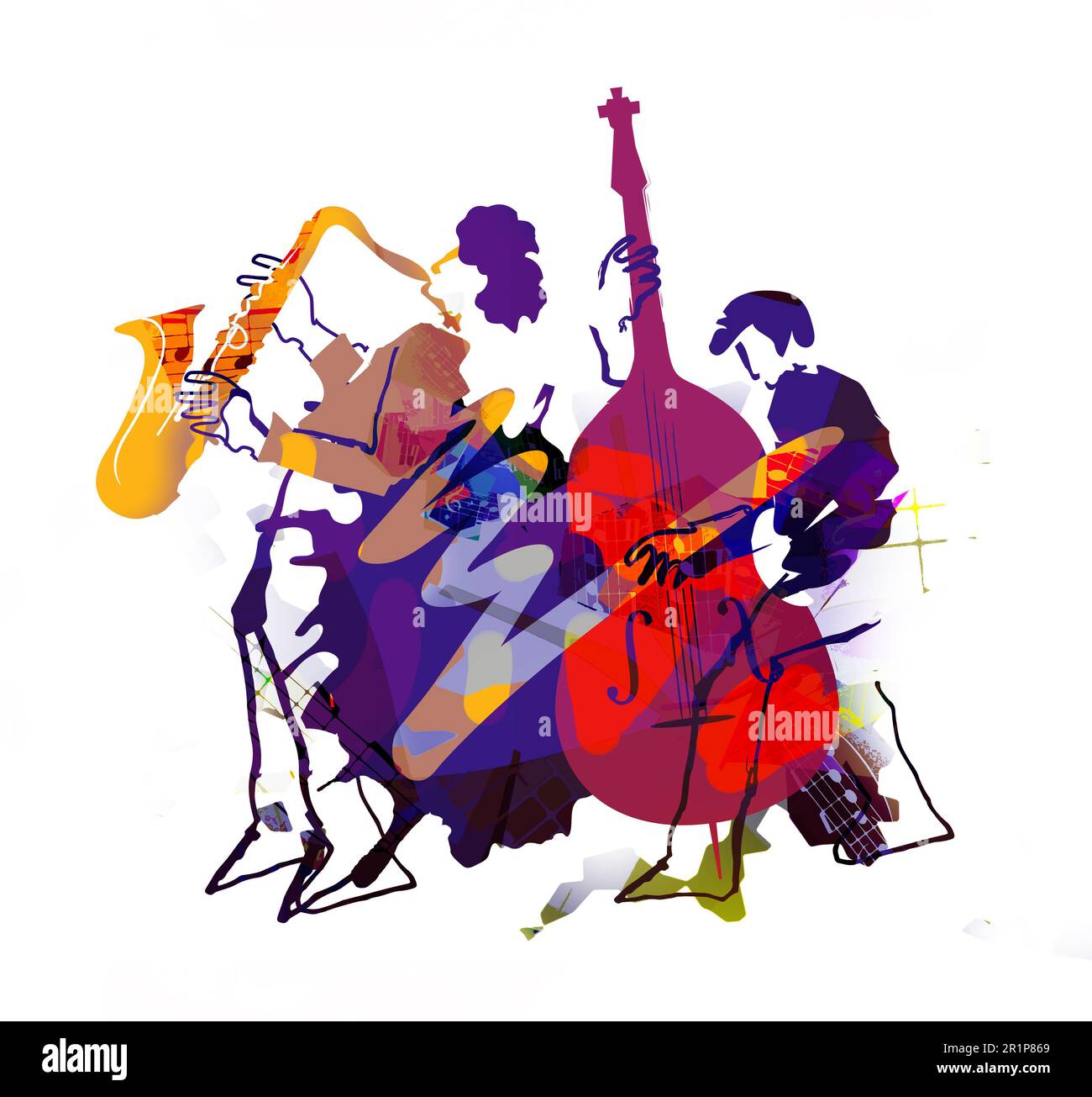 Thème azz, musicien de lutte et saxophoniste. Expressif Illustration de deux musiciens de jazz. Isolé sur fond blanc. Banque D'Images
