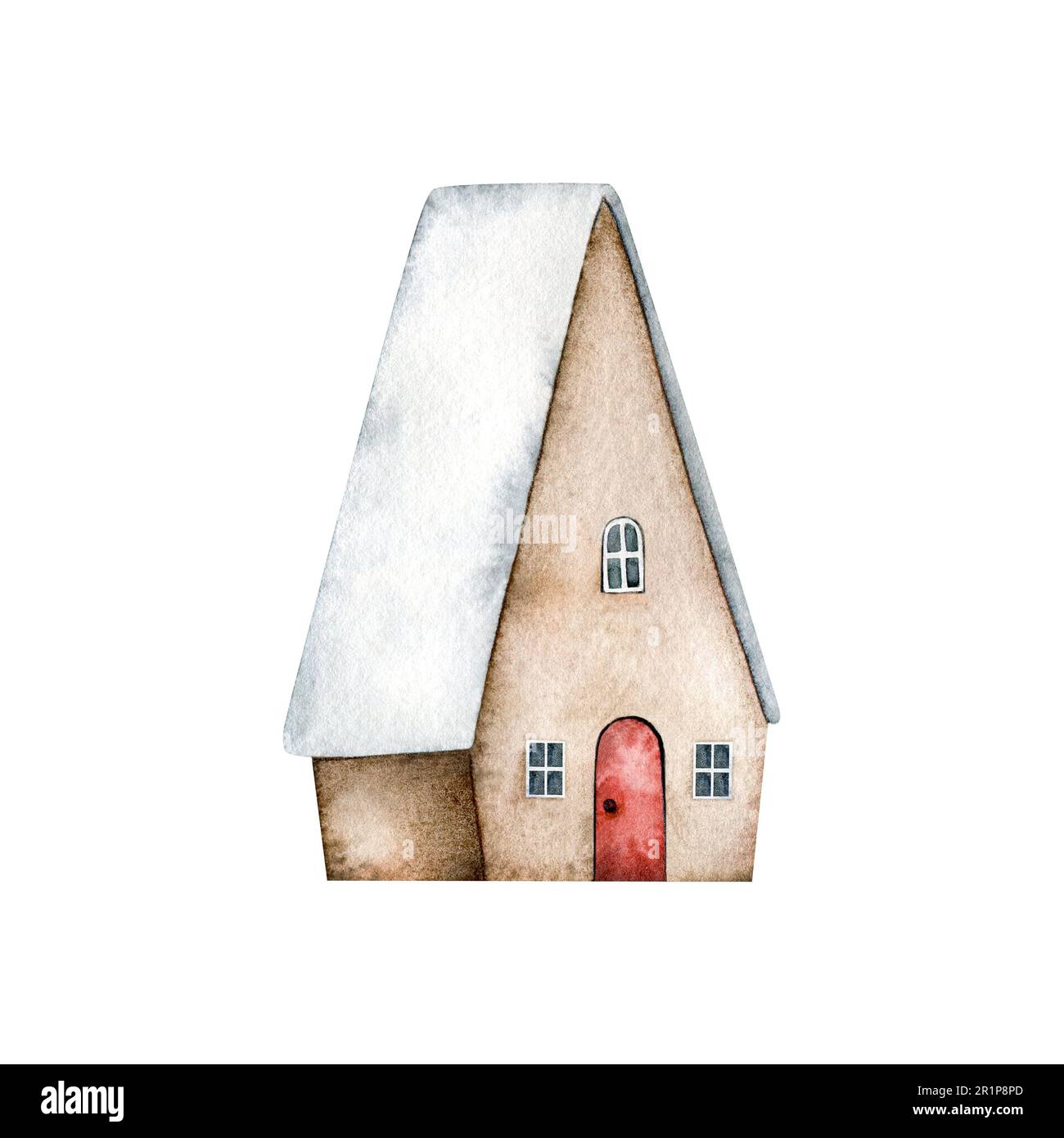 Maison mignonne avec portes rouges, fenêtres et avec de la neige sur le toit isolé sur le fond. Illustration aquarelle dessinée à la main pour carte de Noël, souvenirs Banque D'Images