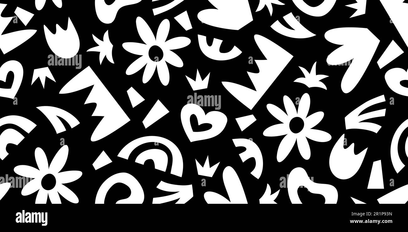 Motif abstrait sans couture avec gribouillages en papier noir et blanc. Collage rétro 1970 90 avec coeur de fleur arc-en-ciel naïf feuilles des éléments. Illustration vectorielle d'arrière-plan monochrome découpée en scandinave. Illustration de Vecteur