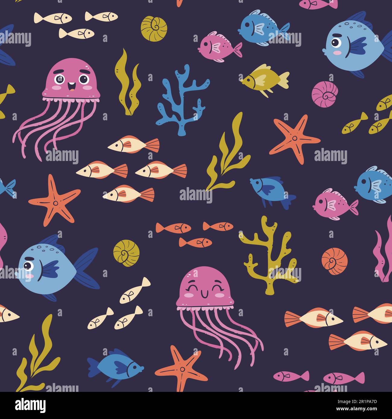Motif Sealife sans coutures. Méduses, algues et poissons mignons isolés sur fond bleu foncé. Illustration vectorielle dessinée à la main. Illustration de Vecteur