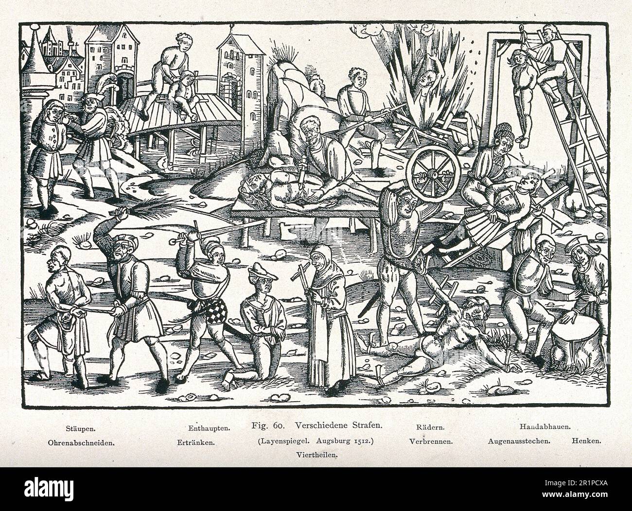 Diverses formes de mutilation et de torture, y compris la flagellation, la décapitation, la brûlure, la pendaison, noyade, cantonnement, coupure des mains et des oreilles et empaillement sur la crémaillère. L'image fait partie d'un Layenspiel, une illustration pour un livre pour le profane instruit, d'Augsbourg de 1512, Allemagne, historique, restauré numériquement reproduction d'un 19th siècle original / Verschiedene Formen der Verstümmelung und Folter, darunter Geißelung, Enthauptung, Verbrennung, Erhängen, Betrieb einer Bürgen, Reparaturen, Reparaturen und Vertrieb von Dienstleistungen. DAS Bild ist Teil eines Layenspiels, Banque D'Images