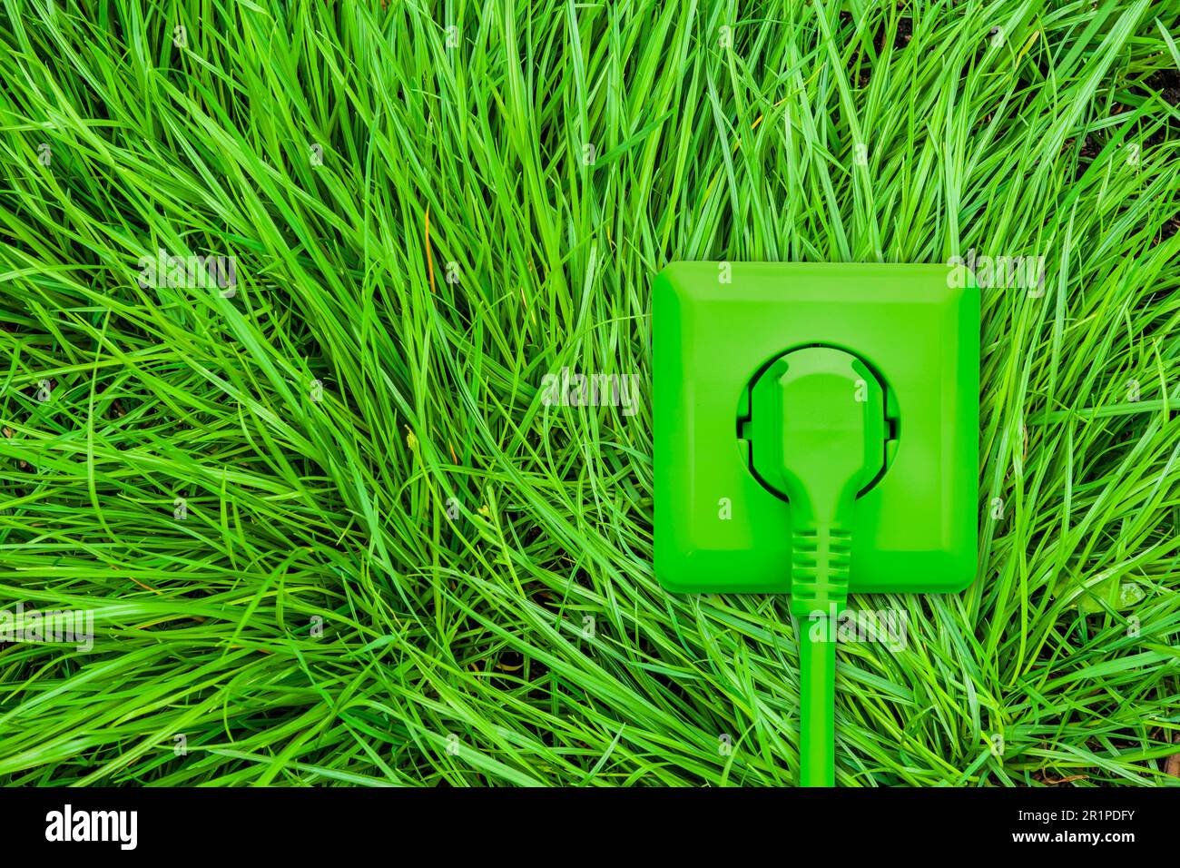 Prise verte avec fiche d'alimentation et câble sur herbe verte Banque D'Images