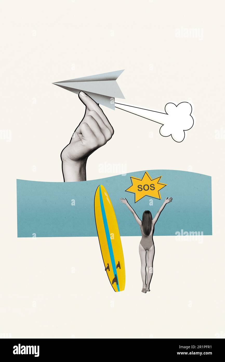 Collage de jeune femme drôle vue arrière mains en haut criant demander aide sos perdu océan île vol avion papier isolé sur fond blanc Banque D'Images