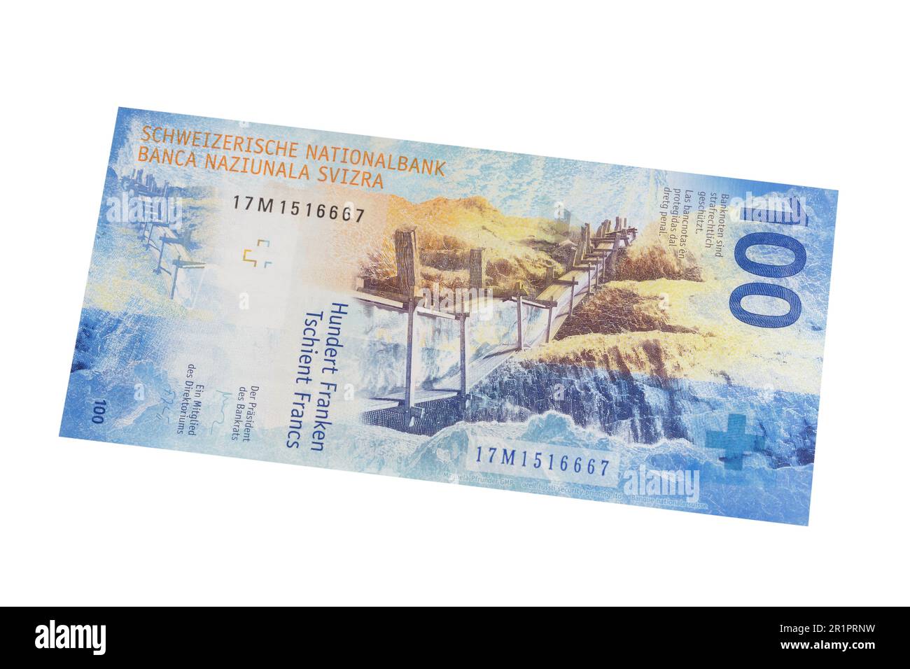 Un billet de cent francs suisses sur fond blanc Banque D'Images