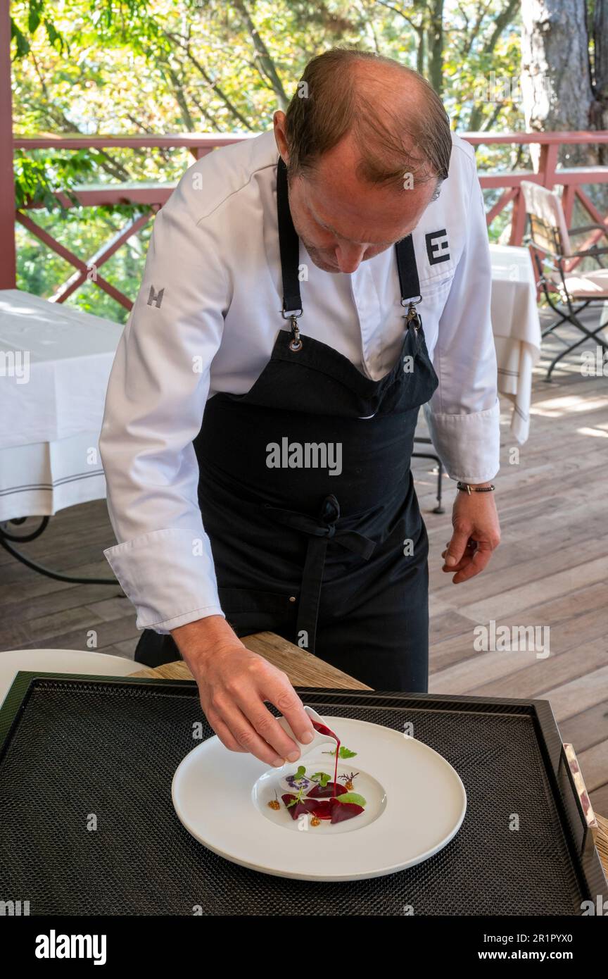 Italie, Trentin-Haut-Adige, Haut-Adige - Tyrol du Sud, Merano, Castel Fragsburg, Restaurant Prezioso von Chef de cuisine Egon Heiss, cuisine végétalienne avec des ingrédients sans produits d'origine animale, poches de betteraves et plat froid aux pommes, moutarde verte Banque D'Images