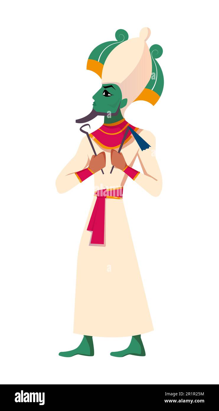 Plat ancien dieu égyptien Osiris. Divinité de la fertilité, de l'agriculture et des morts isolés sur fond blanc. Ancien personnage mythologique de l'homme dans la couronne d'atef tenant un crook et un fléau symboliques. Illustration de Vecteur