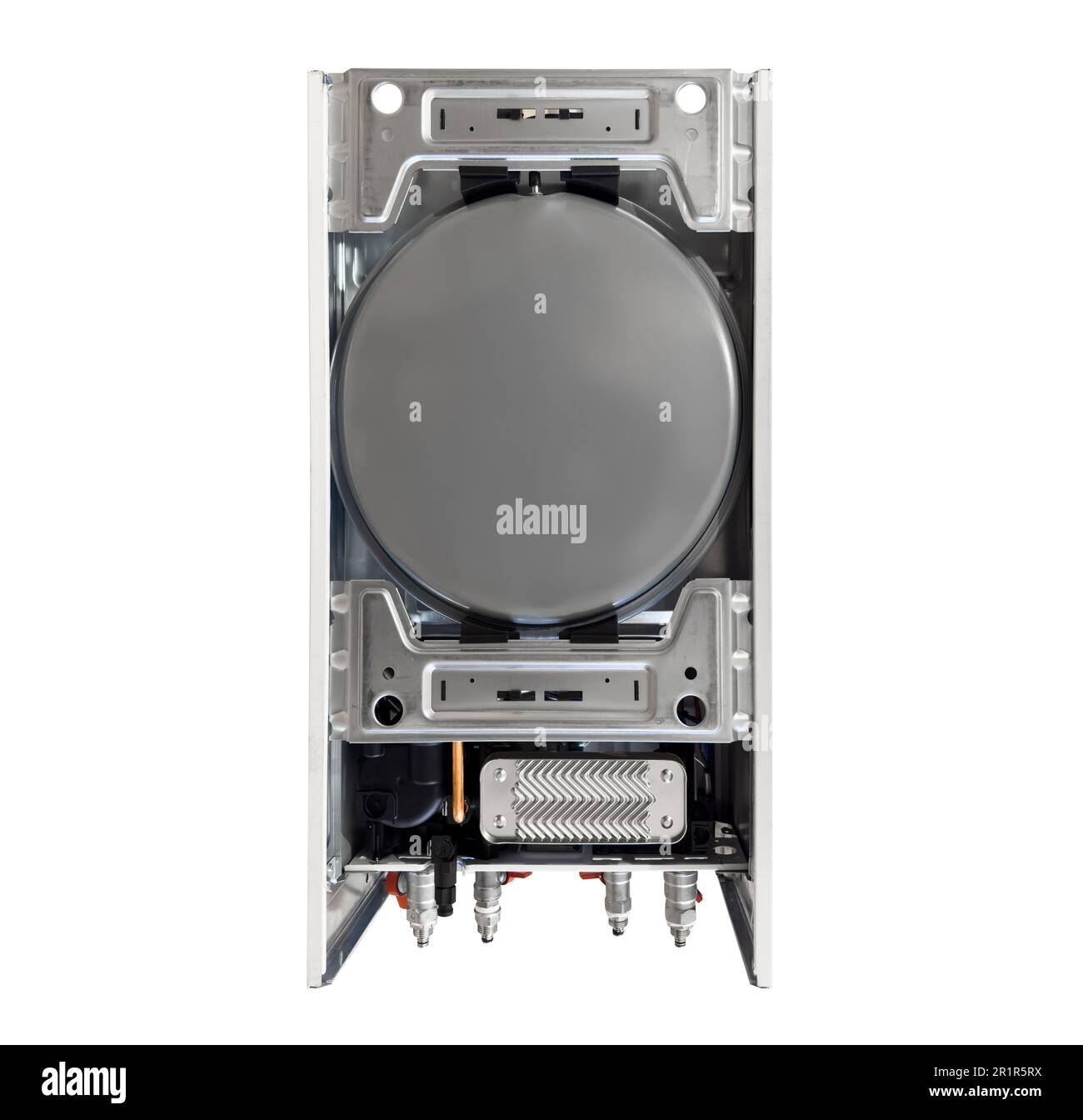 Chaudière à gaz isolée sur fond blanc. Chauffage d'eau gazeuse isolé. Vue arrière. Systèmes de chauffage. Chaudière à gaz et chauffe-eau électrique. Métal au Banque D'Images