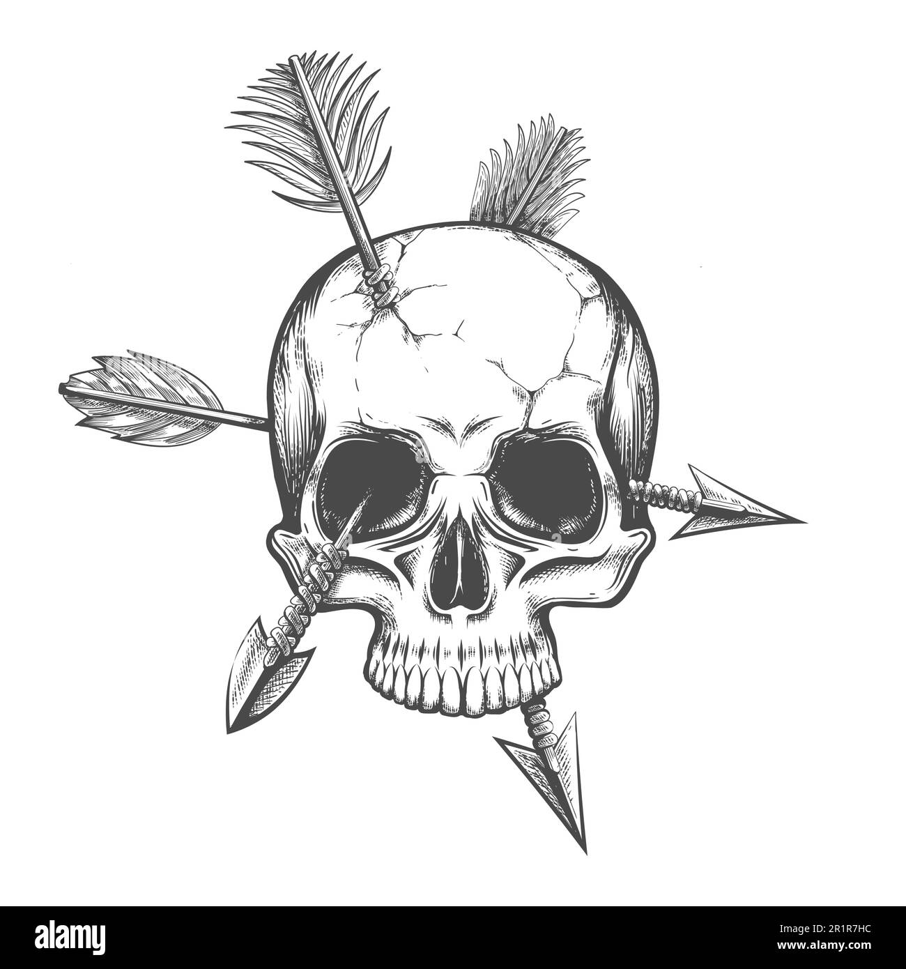 Tatouage monochrome de crâne percé par trois flèches en style gravure isolée sur blanc. Illustration vectorielle. Illustration de Vecteur