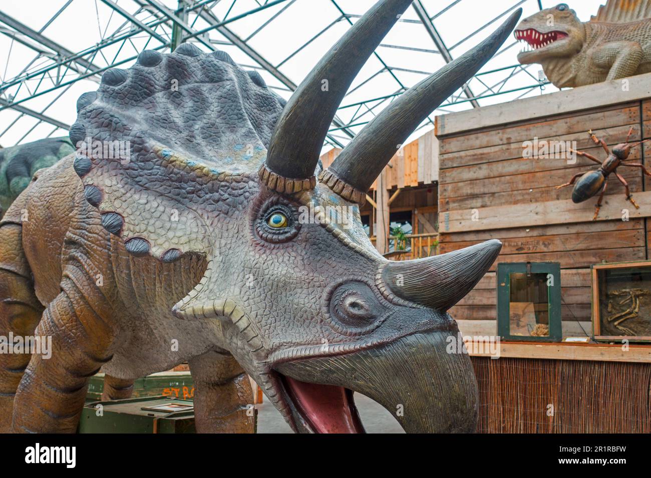 Des répliques de dinosaures géants exposées au zoo tropical de Berkenhof, parc d'attractions et d'animaux près de Kwadendamme, Zeeland, pays-Bas Banque D'Images