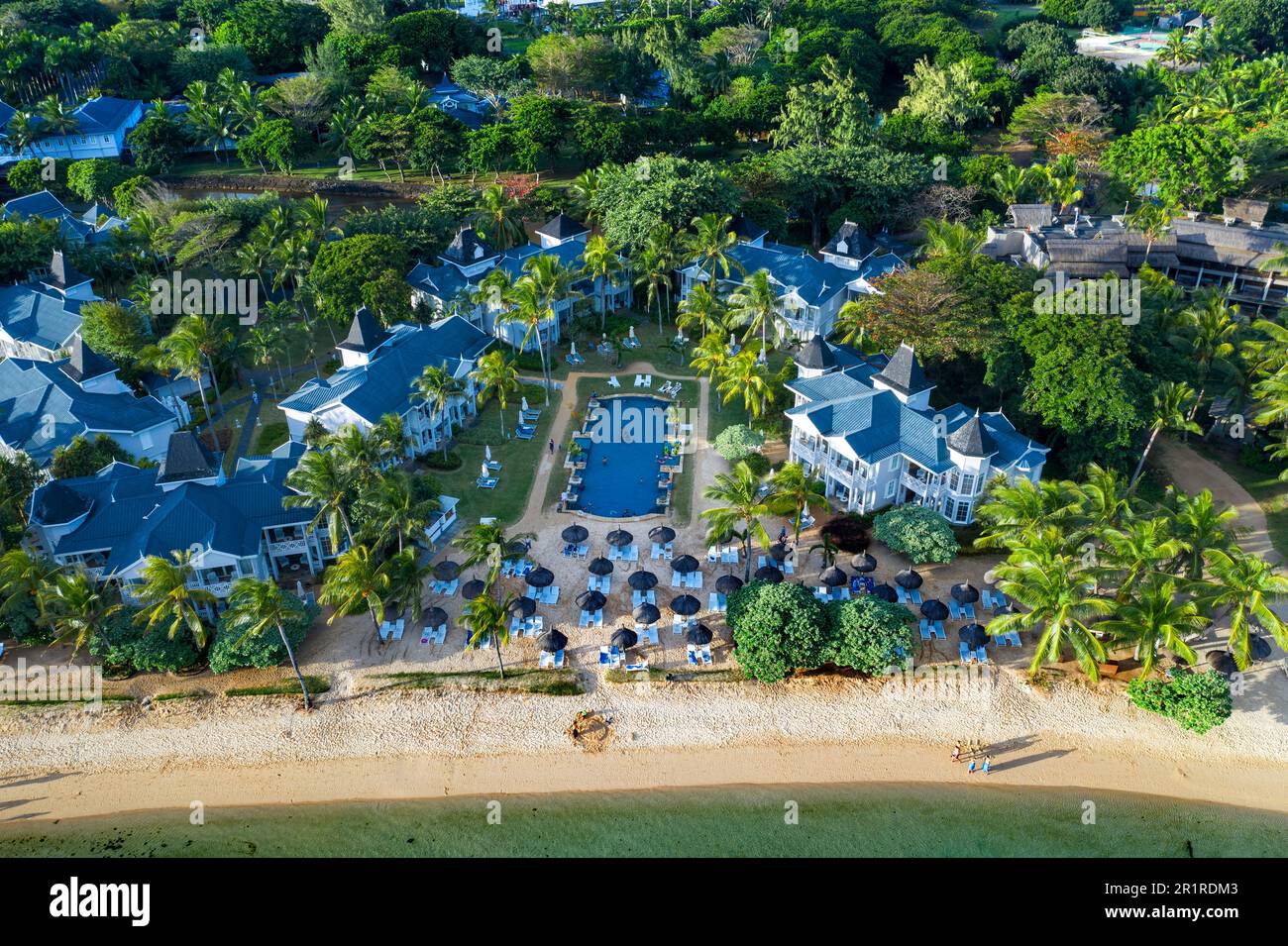 Vue aérienne Heritage le Telfair hôtel de luxe cinq étoiles dans le sud de l'île Maurice à Bel ombre plage, île Maurice. Banque D'Images