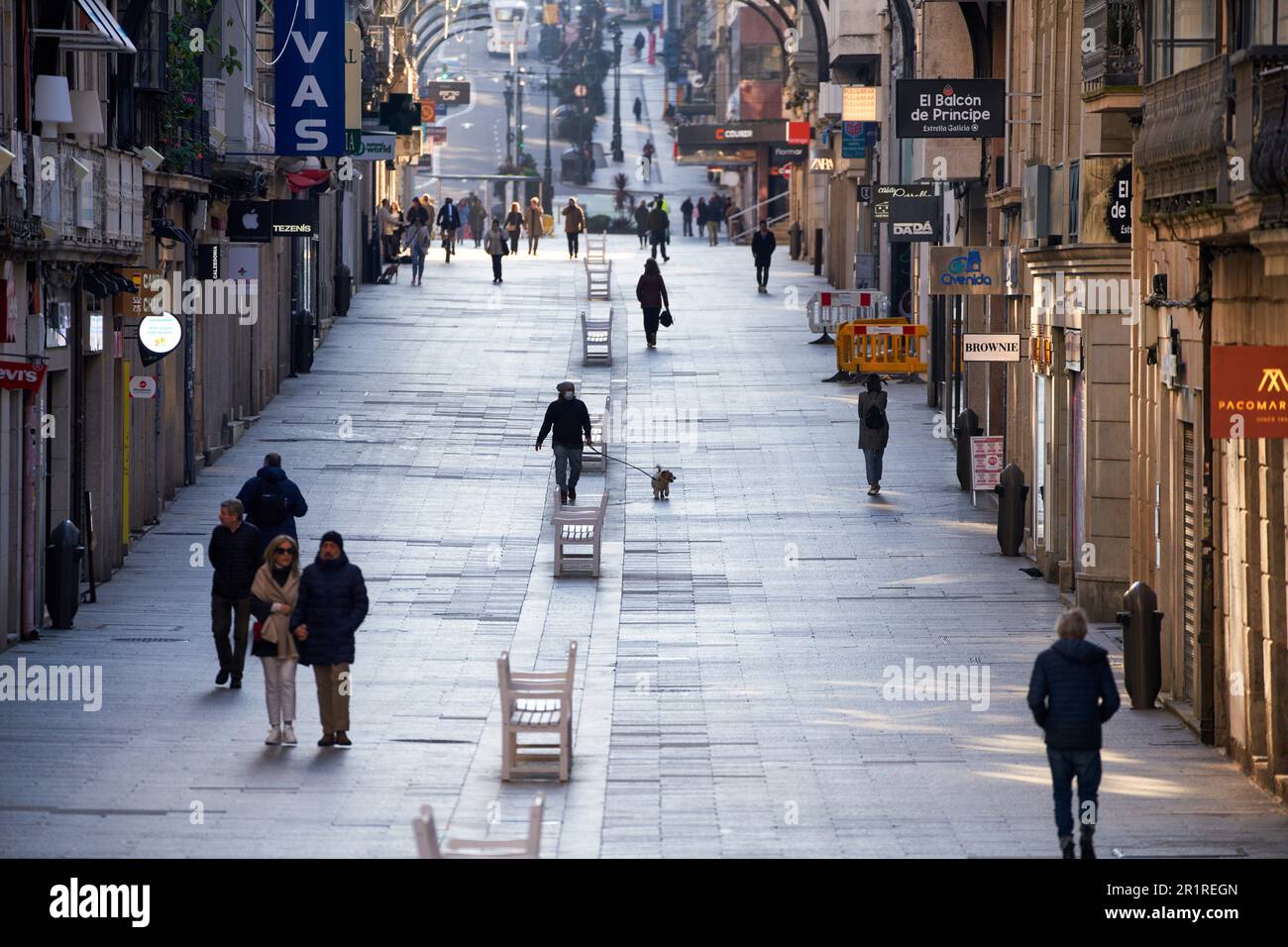 Principe Street, Vigo, Pontevedra, Galice, Espagne, La rue Princip est située dans la ville de Vigo, dans la communauté autonome de Galice, en Espagne. Il Banque D'Images