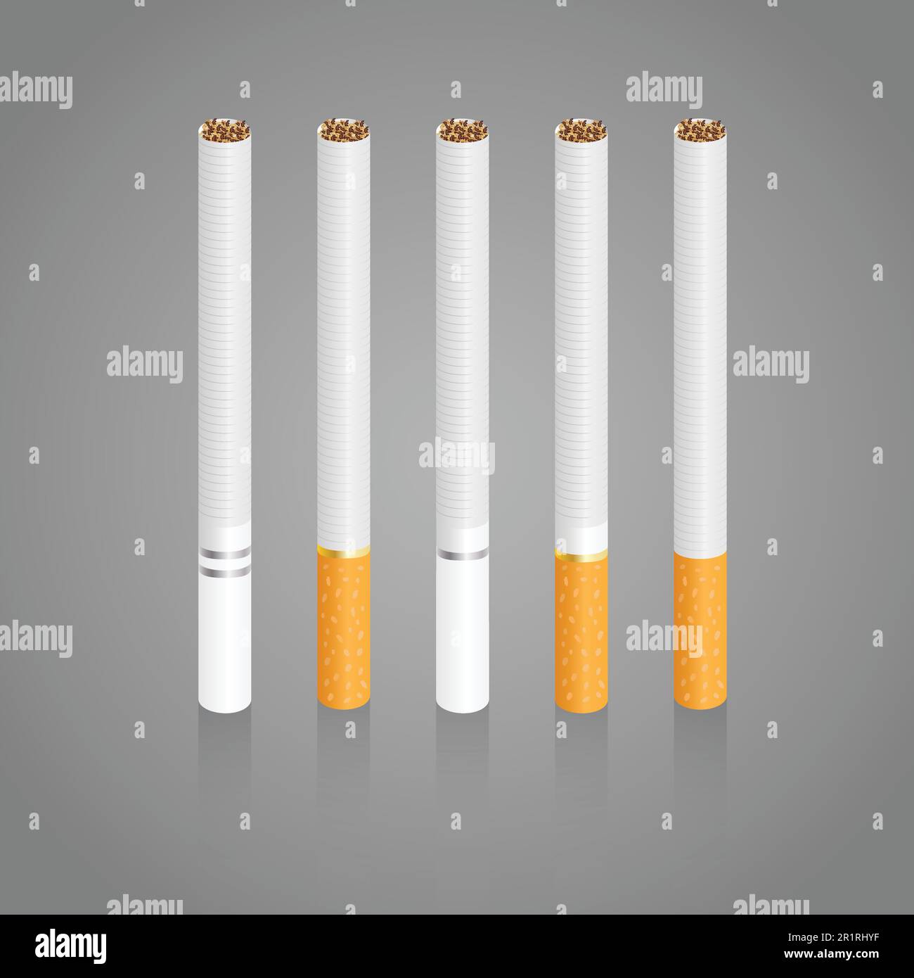 Cigarettes sur fond gris. Cinq cigarettes réalistes différentes avec une légère ombre dans l'illustration vectorielle. Illustration de Vecteur