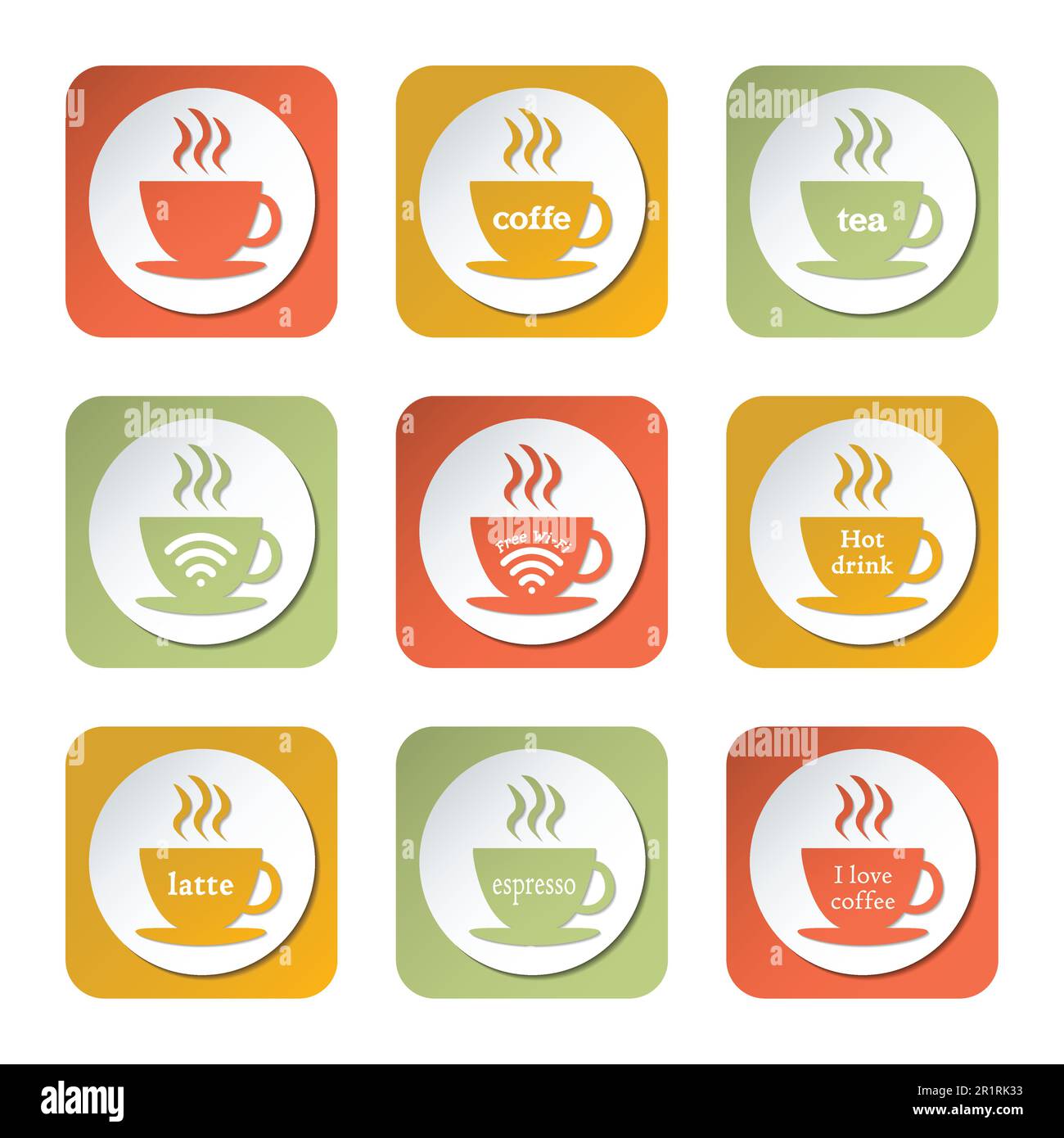 Café coloré d'icônes. 9 icônes différentes avec une tasse de café et thé et diverses inscriptions. Illustration de Vecteur