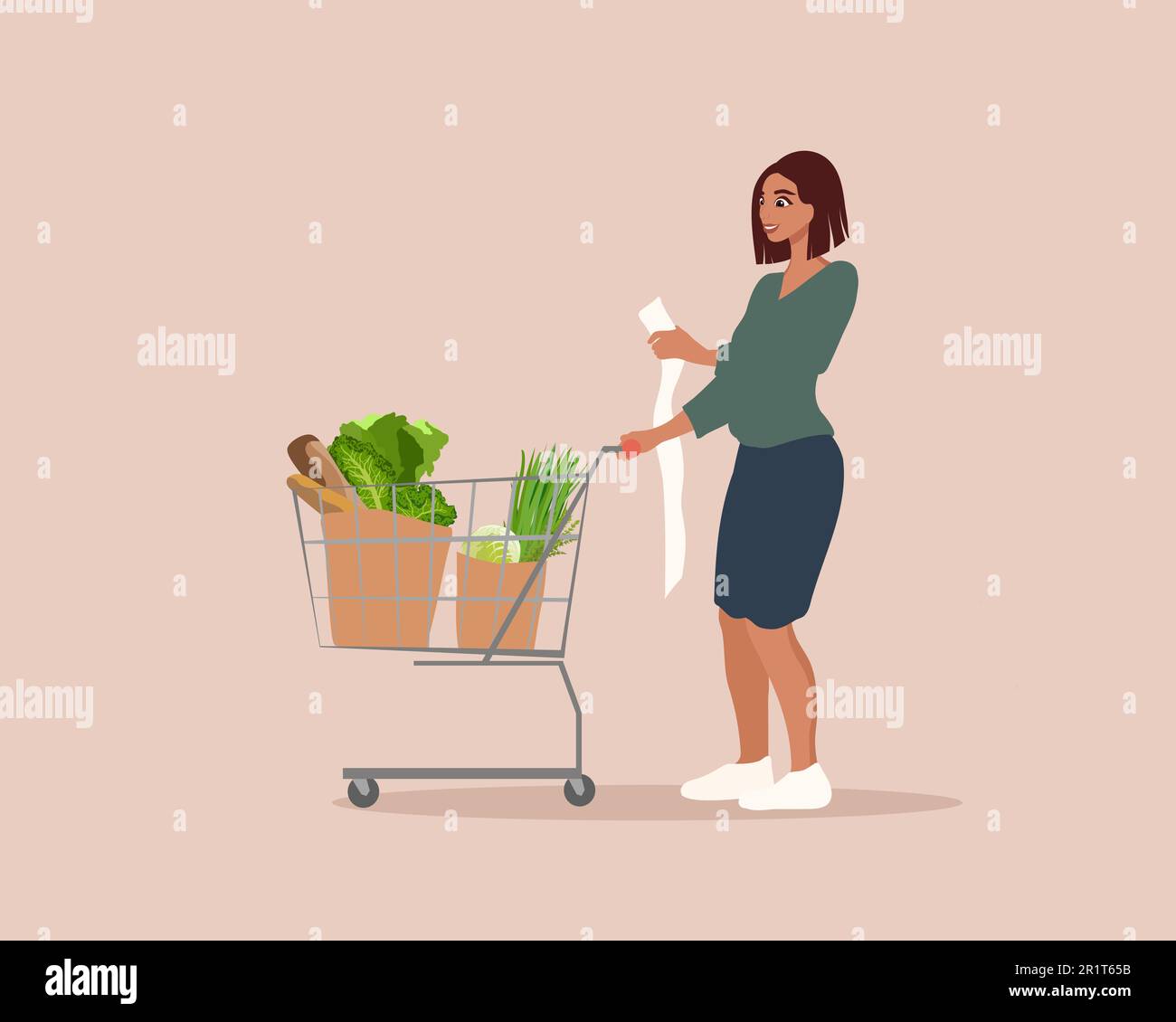 Une femme porte un chariot d'épicerie plein de produits d'épicerie Illustration de Vecteur