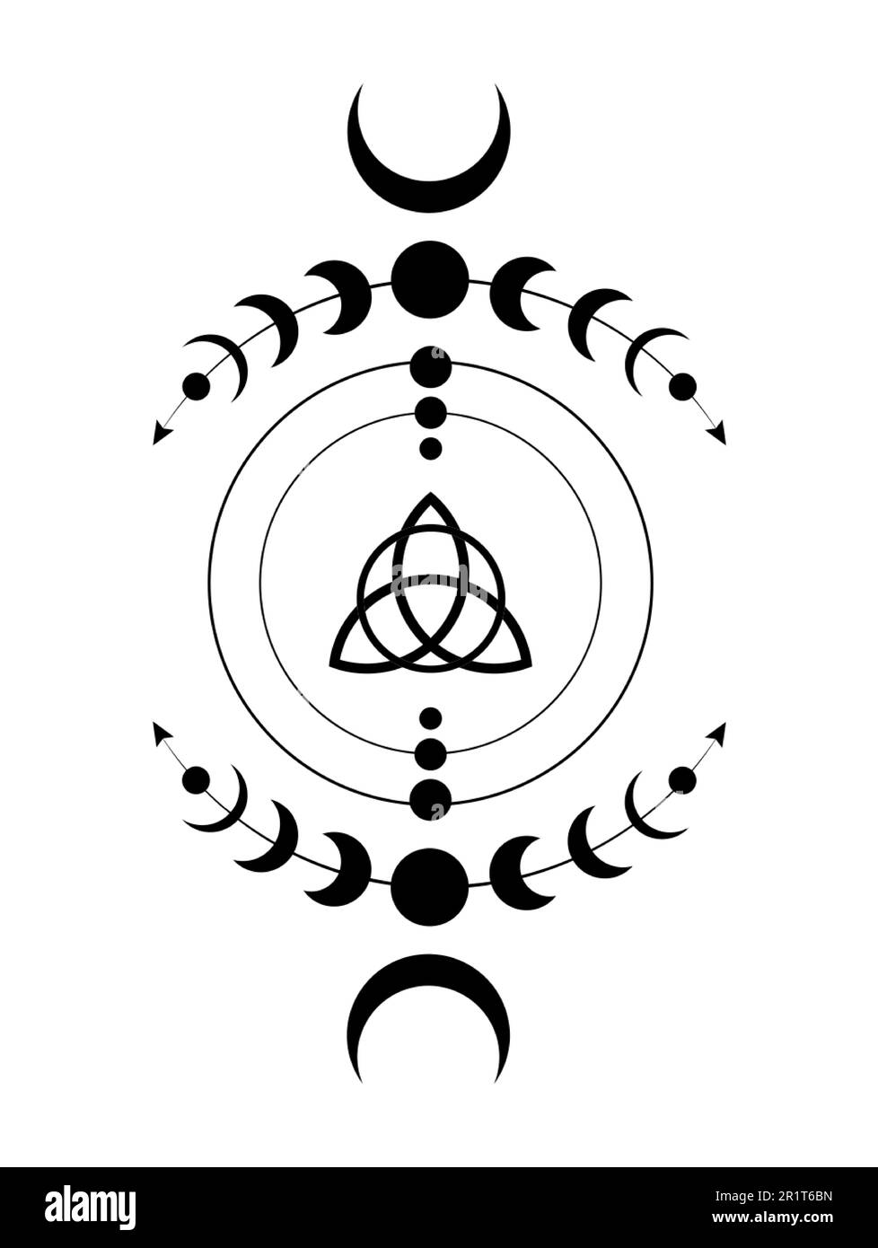 Phases mystiques de la Lune bordure du cadre de Wicca. Triquetra géométrie sacrée. Logo, symbole de la triple déesse Wiccan, cercle d'énergie, vecteur de style boho tattoo noir Illustration de Vecteur