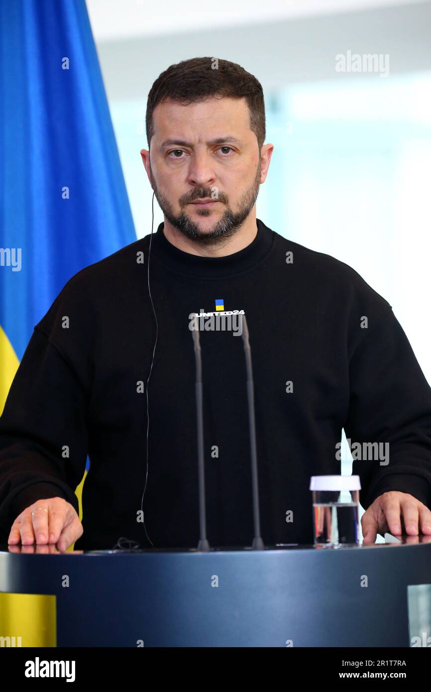 Berlin, Allemagne, 14,5.23, Volodymyr Zelenkyj, président de l’Ukraine lors de la conférence de presse, assiste à la visite du président Zelensky à Berlin, en Allemagne Banque D'Images