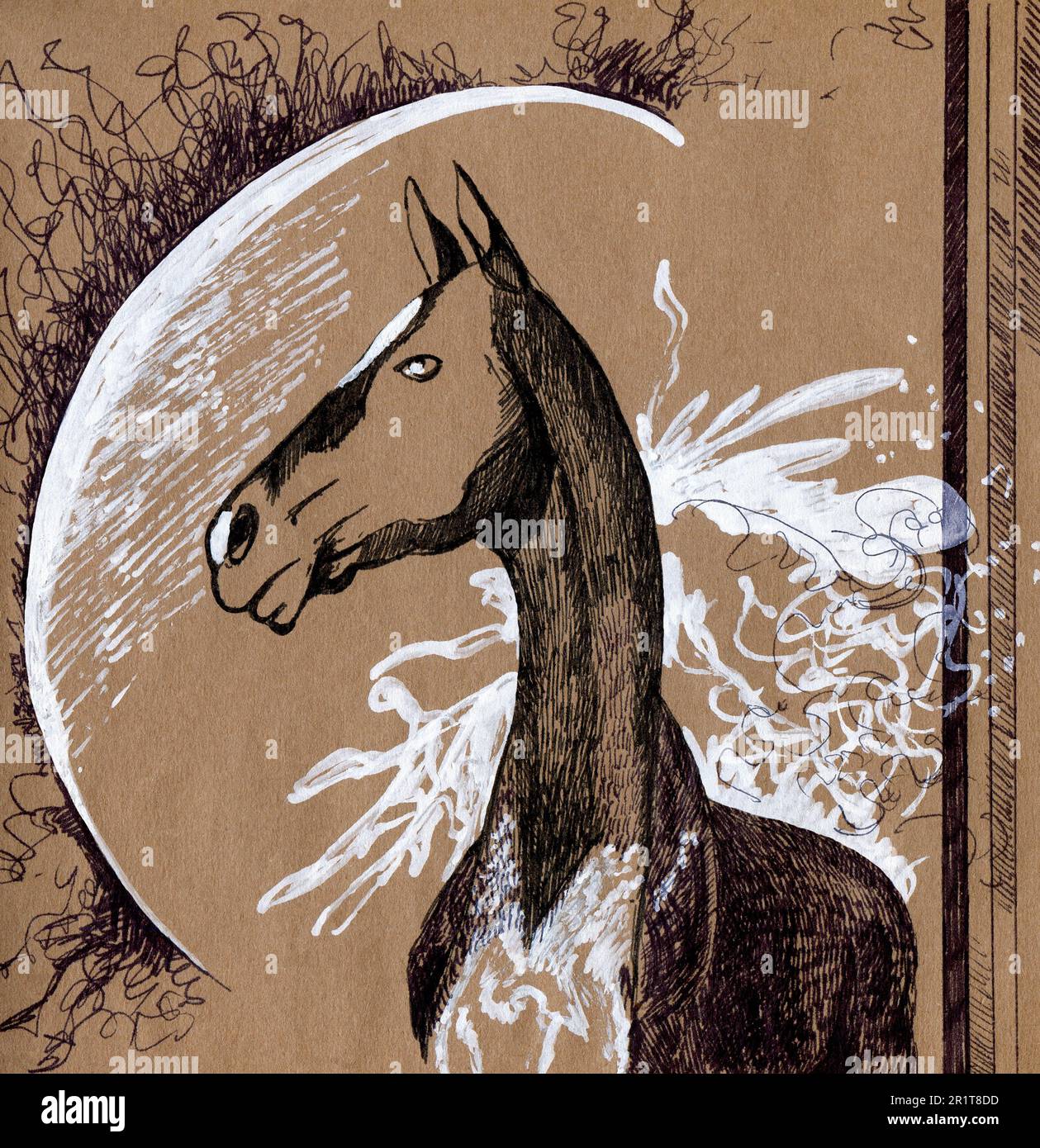 Portrait d'un cheval sur un fond abstrait. Peinture graphique sur papier artisanal avec contour noir et blanc. Dessiné à la main. Banque D'Images