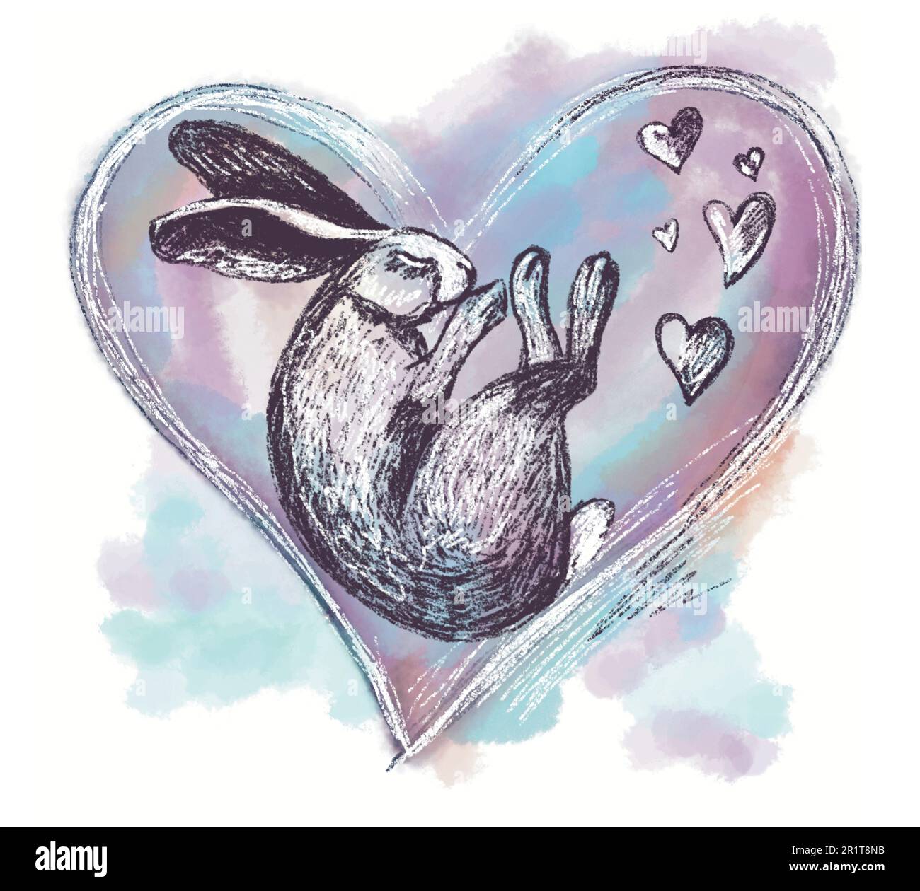 Le lapin dort dans un grand coeur dans des couleurs douces, à côté de petits coeurs. Une composition fantastique. Illustration numérique, isolée sur fond blanc. Banque D'Images