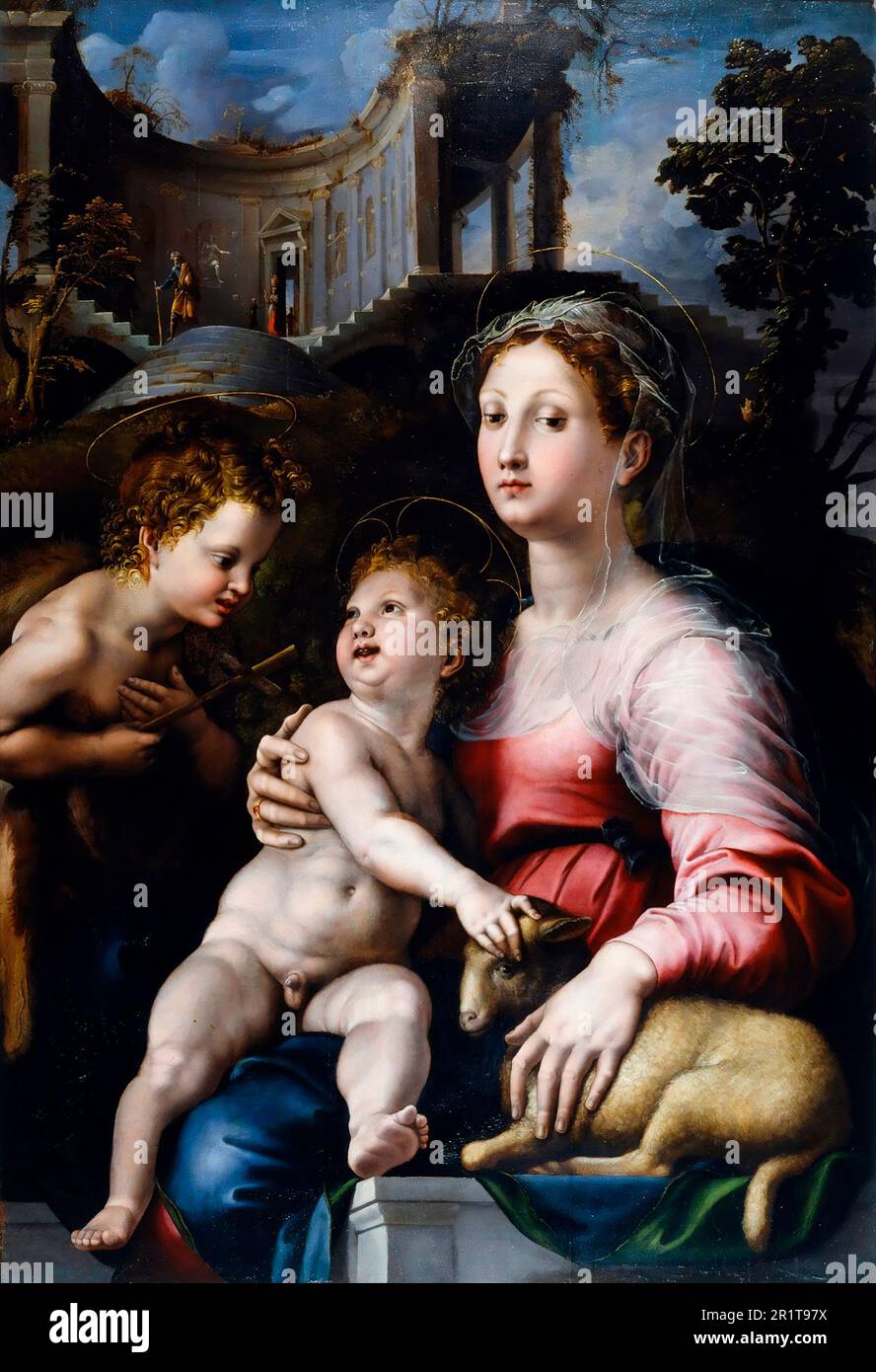 La Madonna et l'enfant avec Saint Jean-Baptiste par le peintre et architecte italien Giulio Romano (Giulio Pippi, c. 1499-1546), huile sur panneau, c. 1522-24 Banque D'Images