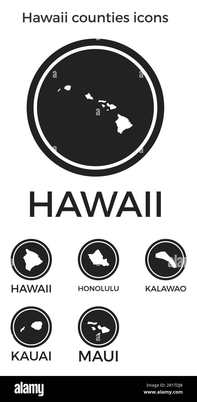 Icônes des comtés d'Hawaï. Logos ronds noirs avec cartes et titres des États-Unis. Illustration vectorielle. Illustration de Vecteur