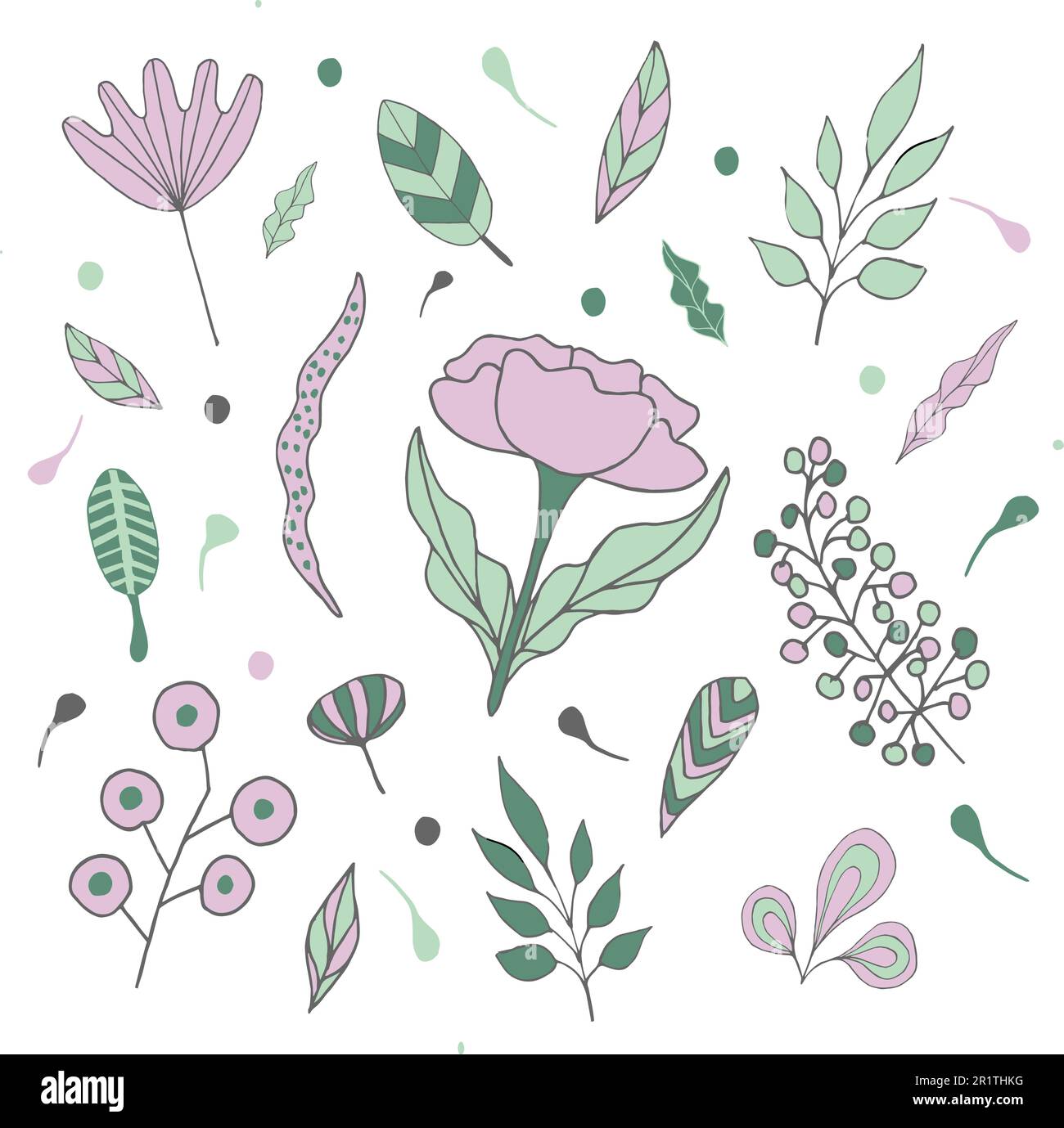 Dessins simples et abstraits à la main de formes diverses et de gribouilles.nature botanique fleurs et feuilles objets. Illustration de Vecteur