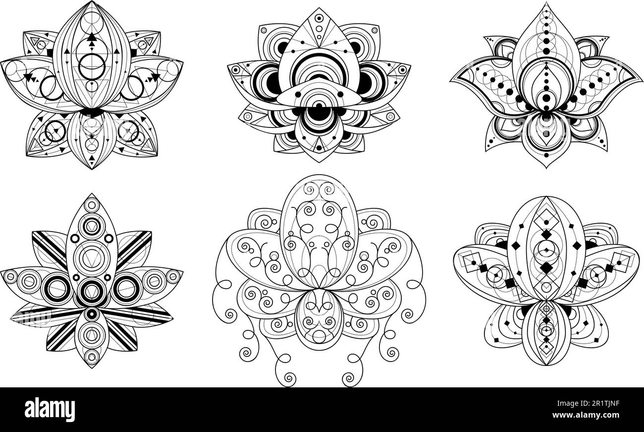 Ensemble d'illustrations linéaires pour fleurs de Lotus avec ornement géométrique. Pack de symboles sacrés indiens Illustration de Vecteur